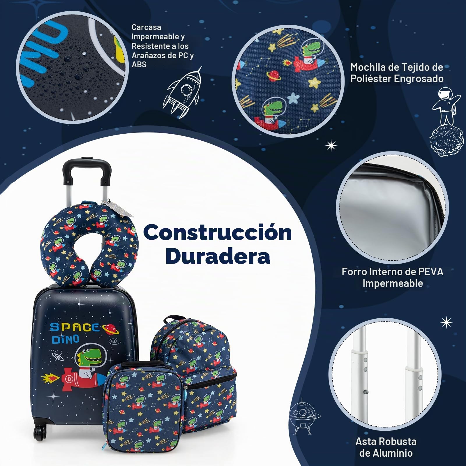 RELAX4LIFE Juego de Maleta para Niños de 5 Piezas con Maleta de Mano 38 cm, Mochila de 33 cm, Cojín para el Cuello, Bolsa de Almuerzo Aislada, Etiqueta, Maleta con Ruedas Rígidas, Negro