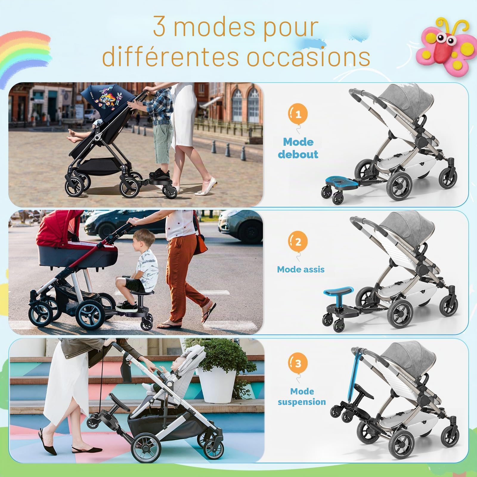 Planche Poussette Universelle,Skate Poussette Universelle, Portable Kiddy Boards,avec Sangle de Suspension,Rotation à 360,Planches à Roulettes pour bébé pour Enfants de 2 à 6 Ans (25kg)
