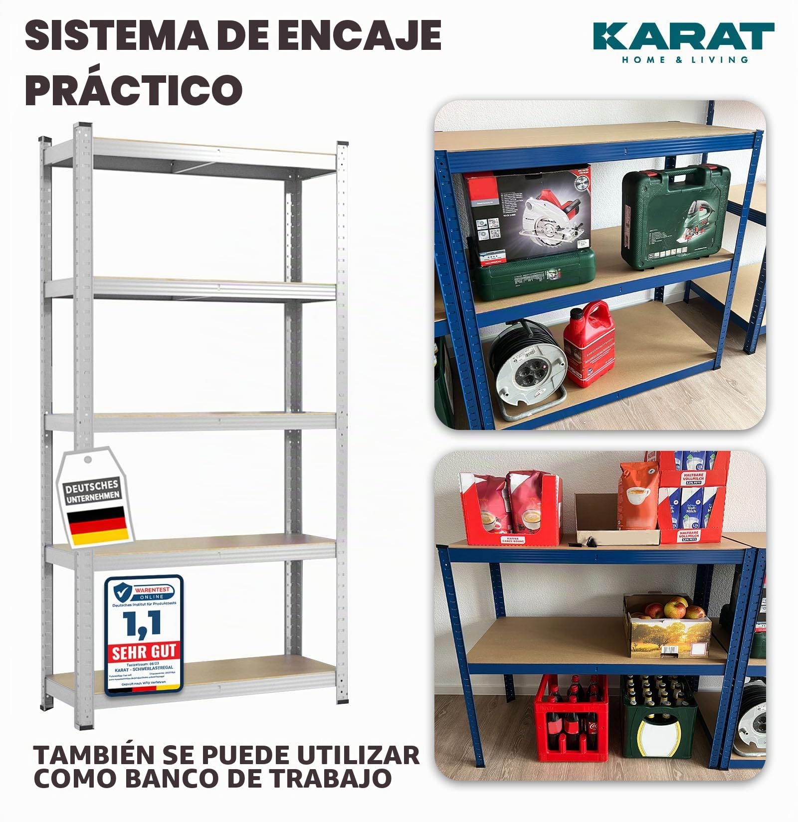 KARAT Estantería de metal para cargas pesadas, 180 x 90 x 60 cm, 5 estantes ajustables (galvanizado)