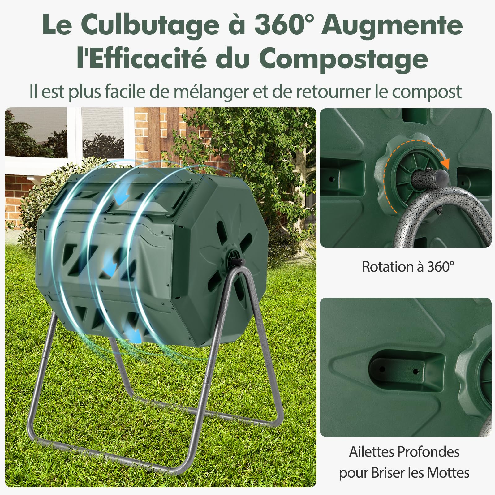 GOPLUS Composteur de Jardin, Bac à Compostage à Double Chambre de 160 L avec 2 Portes Coulissantes, Cadre en Métal, Grand Composteur Rotatif sans BPA pour Déchets de Cuisine, Jardin, Cour (Vert)