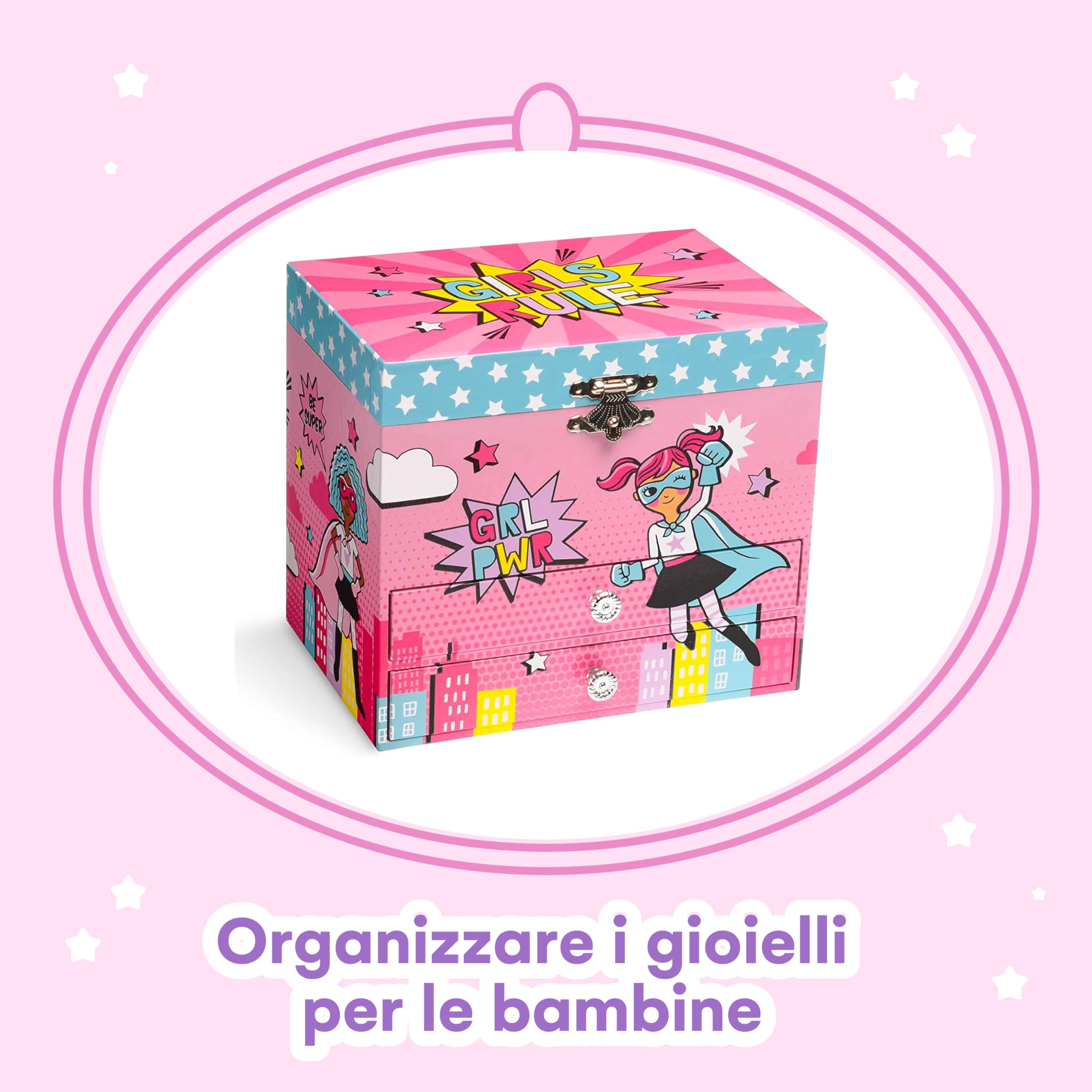 Jewelkeeper - Carillon Portagioie Musicale Design Girl Power Superhero con 2 Cassetti Estraibili - Melodia di Per Elisa