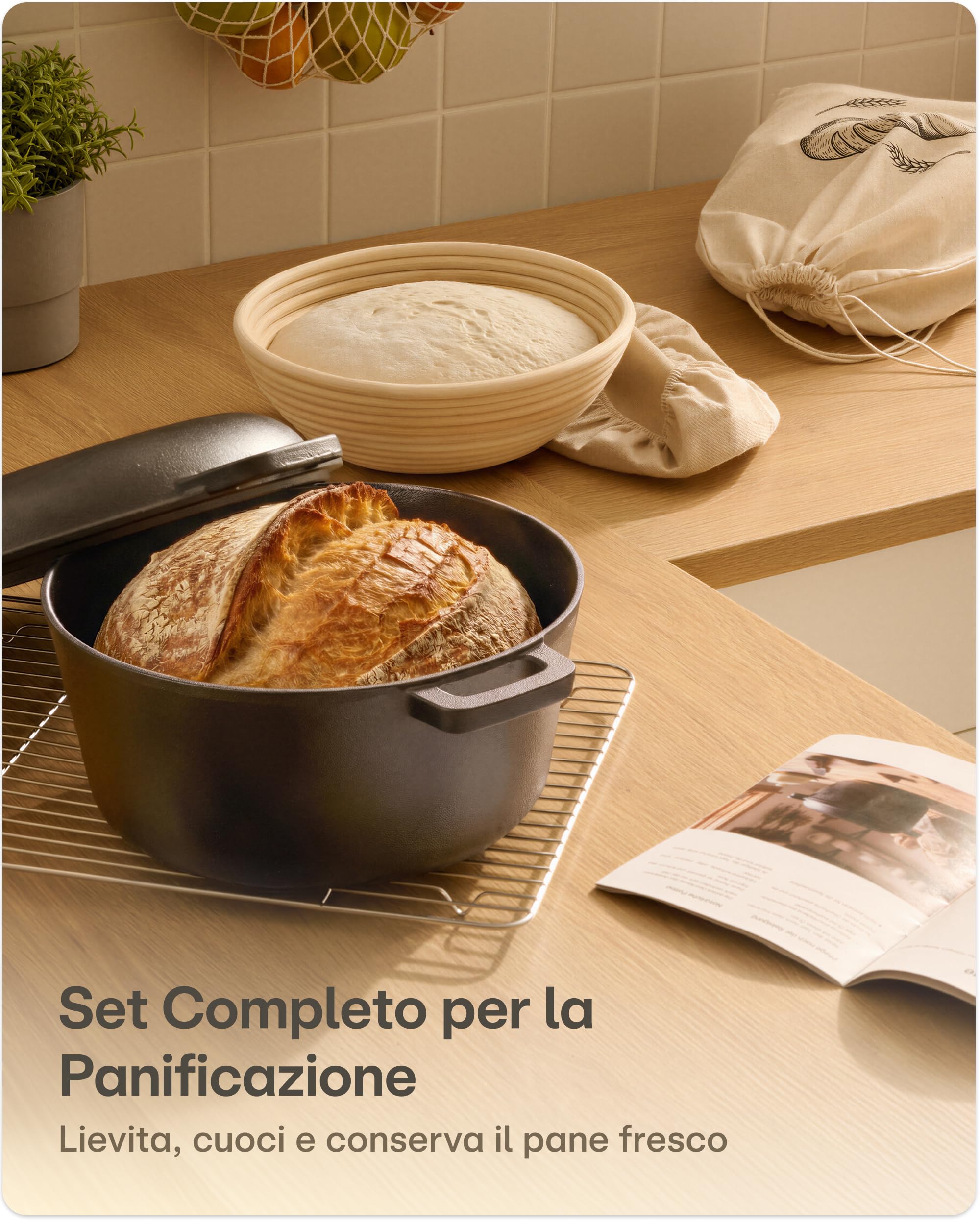 Praknu Pentola Ghisa 26 cm – Casseruola In Ghisa Set – con Cestino Lievitazione & Sacchetto Per Pane – Coperchio Incluso – 4,7 L Dutch Oven