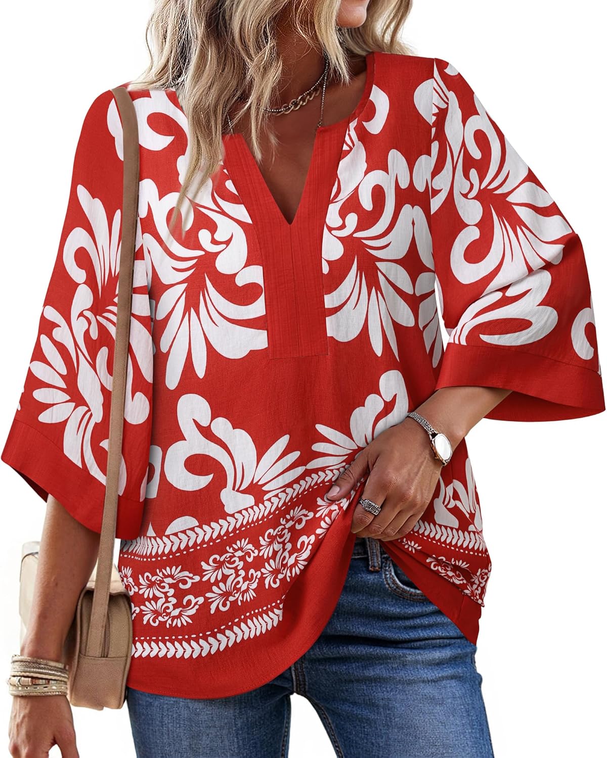Bebonnie Women Blouses Dressy Casual 3/4 Sleeve V Neck Floral Loose Fit Tunic Tops - Image 2