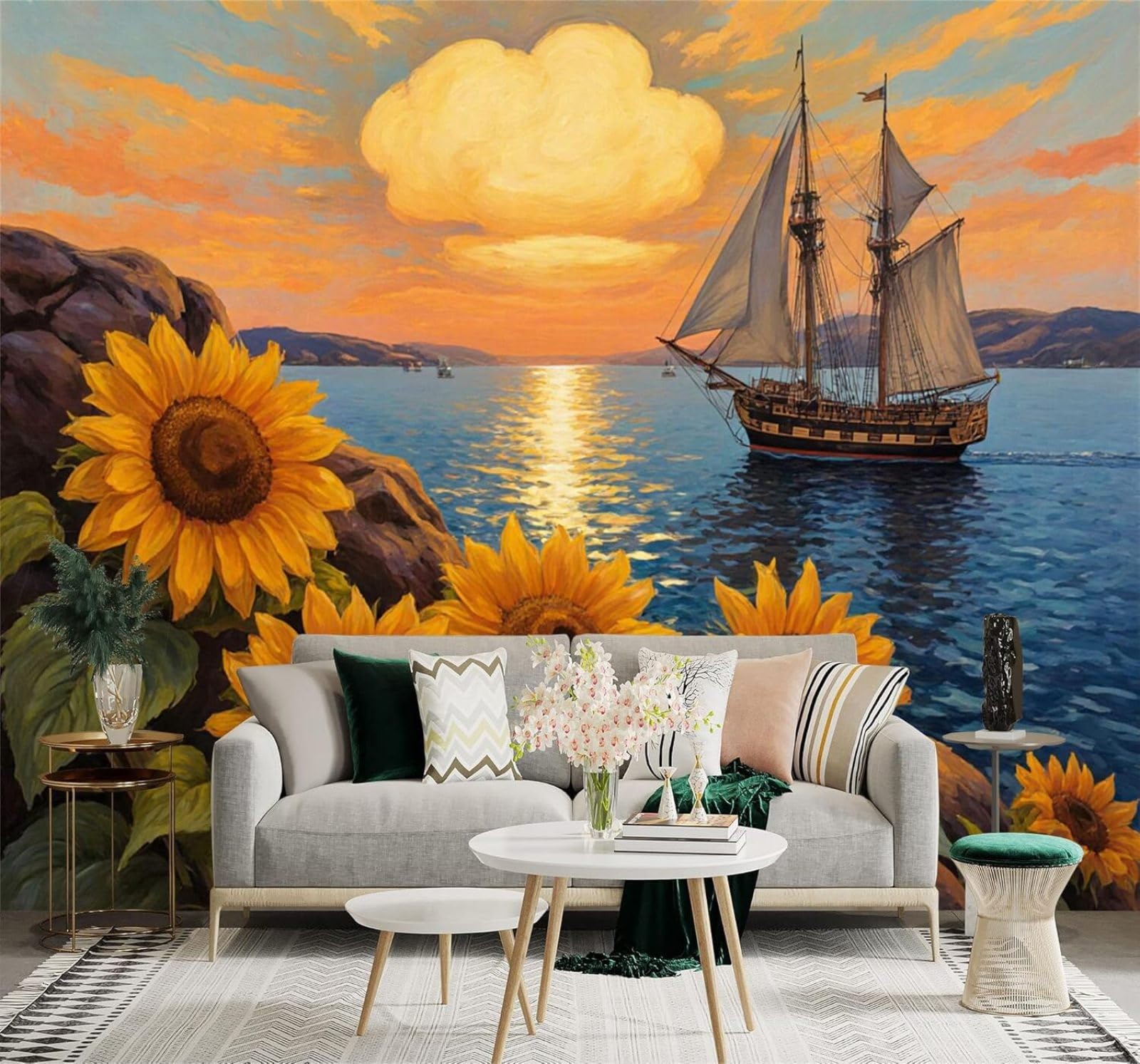 XLMING Sunflowers Sailing Boats Sunset The Sea Rocky Coastline 3D Wallpaper Premium Textured Silk Study Dining Living Room Bedroom Sofa TV Wall Easy Install-400cm×280cm