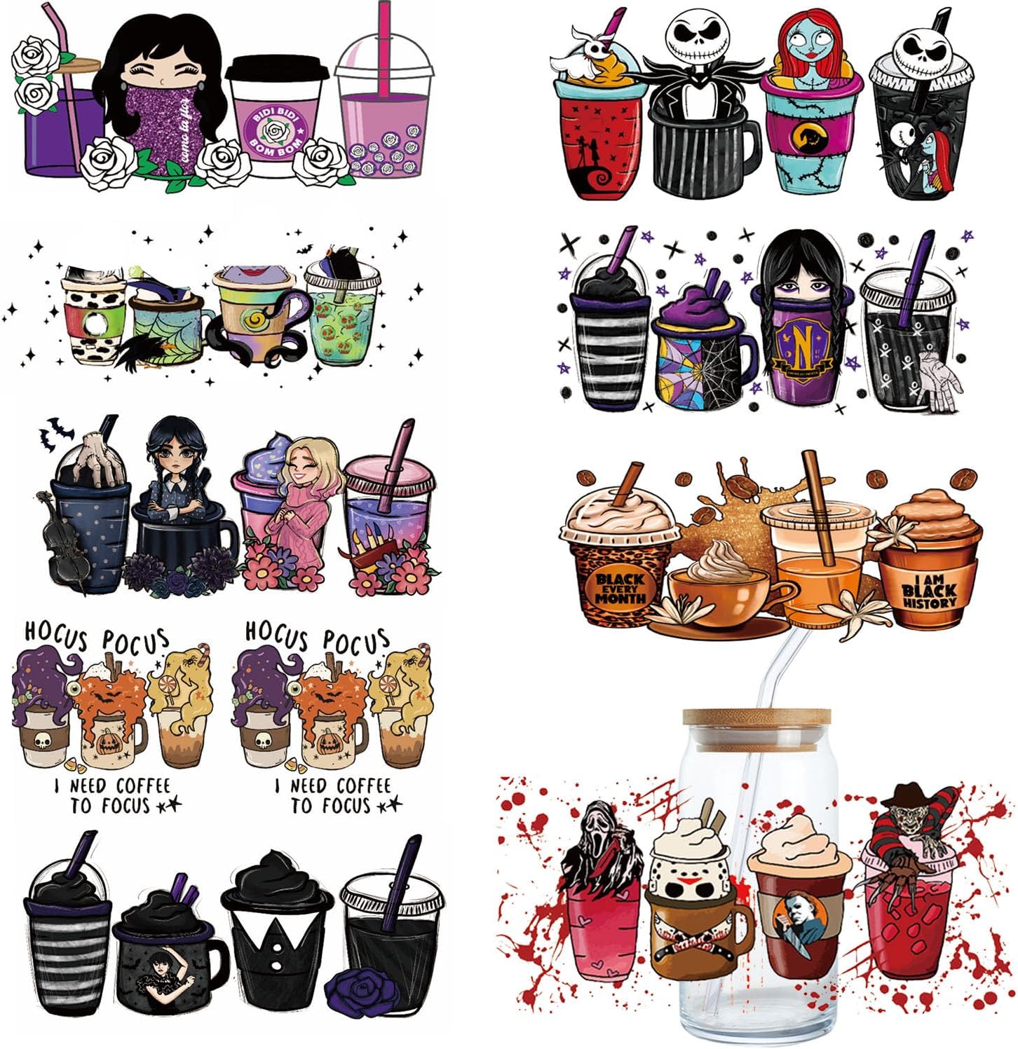 10Sheets UV DTF Cup Wrap Transfer Stickers For Glass 10 Styles Halloween Cute Ghost Pumpkin Rub Transfers Decal 16oz Cups Furniture Craft