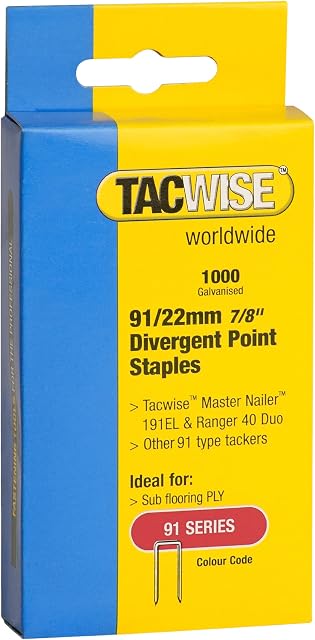 Tacwise 0288 Type 91 / 22 mm Galvanised Narrow Crown Staples, Divergent Point, Pack of 1,000