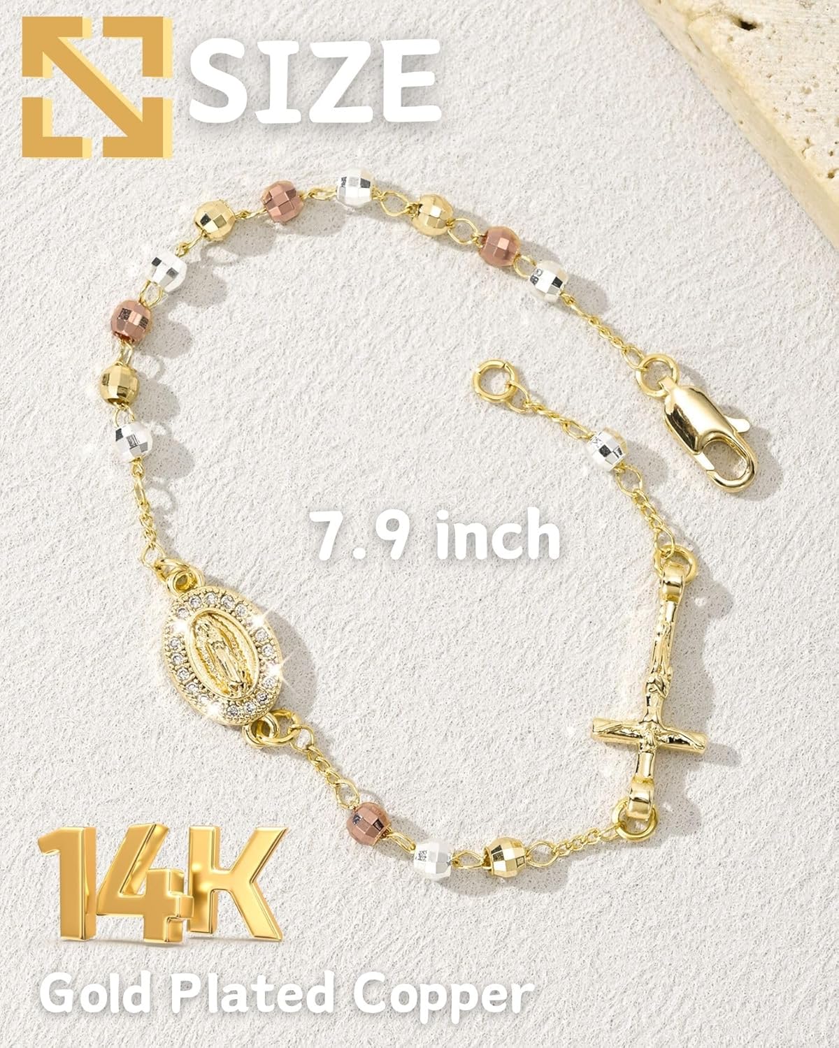 J&H DiaJuvelo Catholic Rosary Bracelet for Women 14K Gold Virgin Mary Rosarios Jesus Cross Charm Link Chain Virgen de Guadalupe Religious Jewelry Gifts for Confirmation Baptism First Communion - Image 4