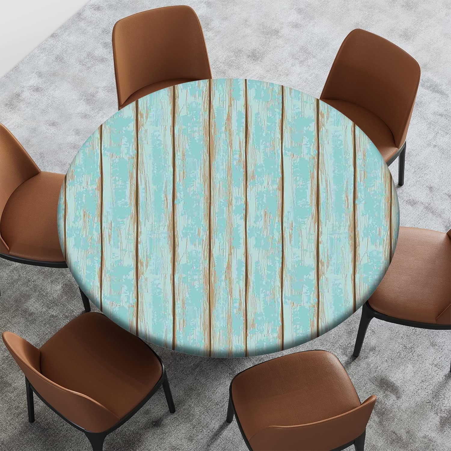 Beach Pattern Round Fitted Tablecloth,Elastic Edge,Suitable for Catering and Kitchen Can Wipe Dining Round Table coverr,Blue Brown,for 57" to 68" Round Tables
