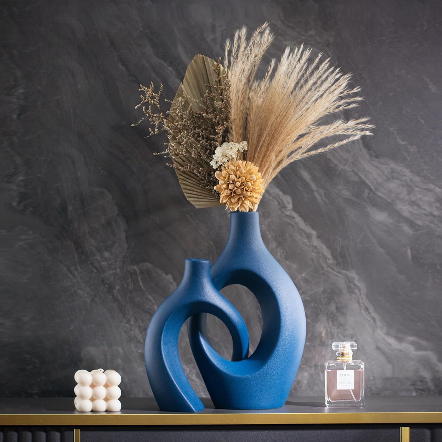 Snuggle Hollow Ceramic Vase Set of 2, 11 inch Hug Donut Modern Nordic Boho Style Vases for Home Decor Anthropologie Aesthetic Living Room Shelf Entryway Table Decorative (Navy Blue) - Image 6