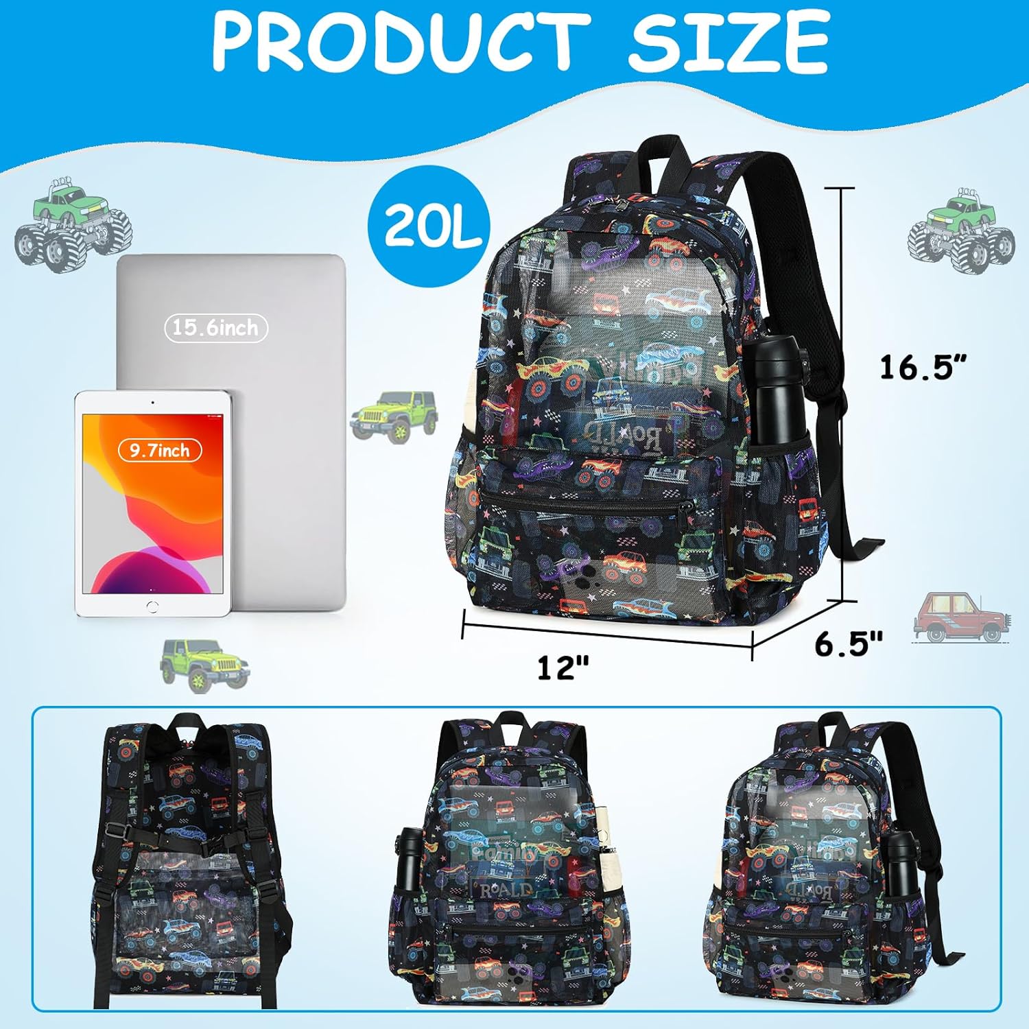 CAMTOP Mesh Backpack Kids Boys Girls Bookbag See Through Preschool Backpacks Casual Daypack for School Beach Travel Sport (Black-Vehicle) - Image 2