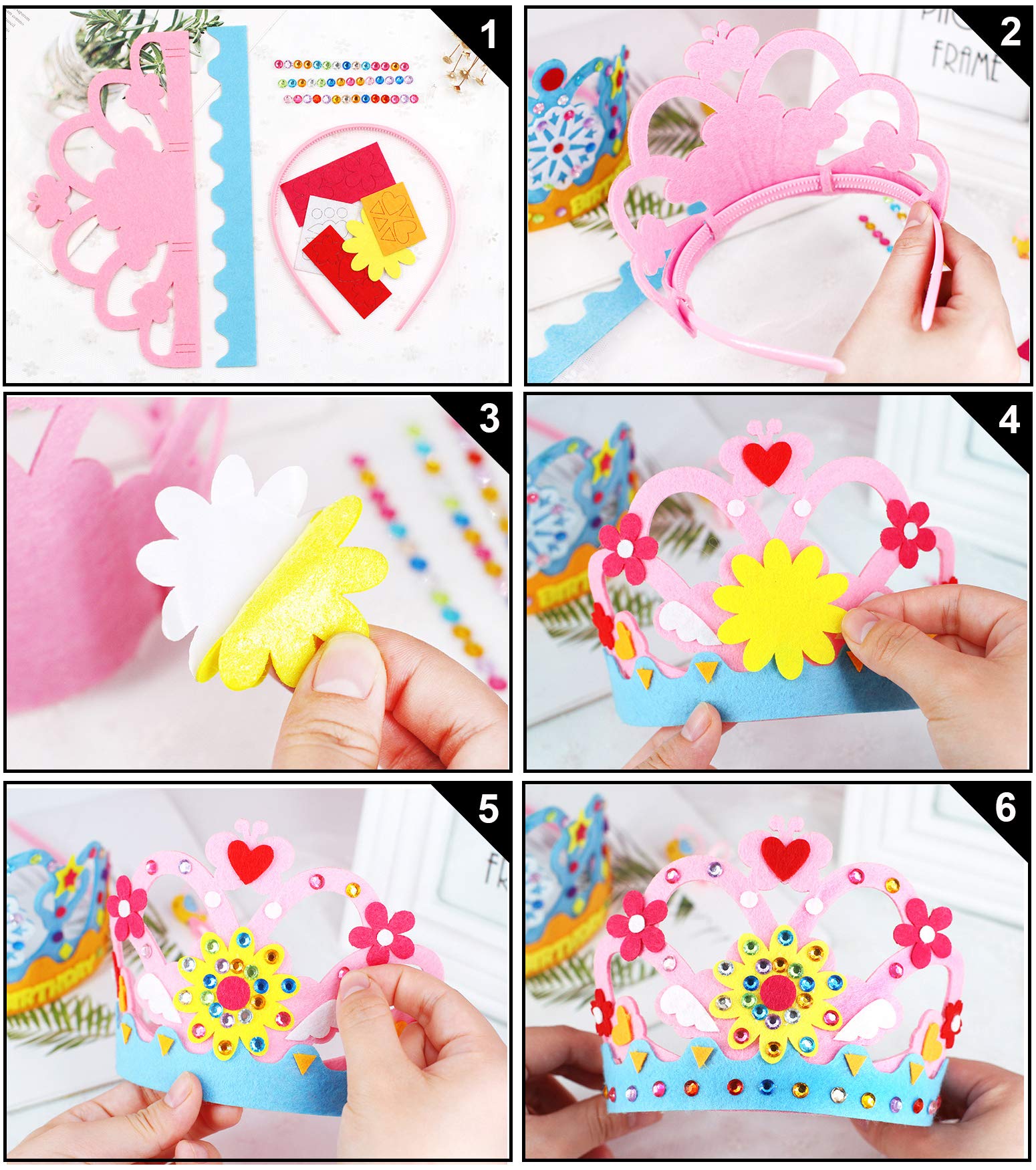 Hifot Zestawy do wyrobu tiary 4 sztuki, Filcowa korona dla dzieci DIY z naklejkami ze strasikiem, zabawki na urodziny dla dziewczynek, zabawki księżniczki, gry kostiumowe