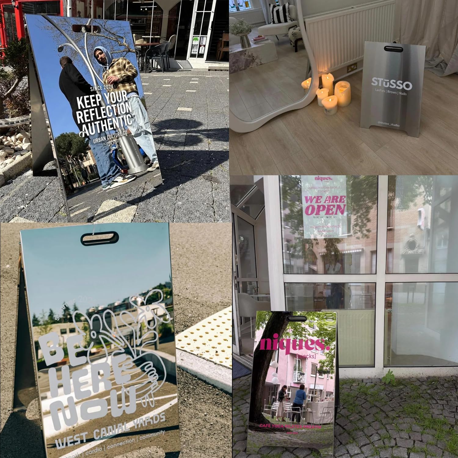 Maßgefertigter Kundenstopper Spiegel, Aufsteller Spiegel Outdoor 50-60CM | Hochglanz-/gebürsteter Edelstahl, Beidseitiger UV-Druck, Wasserfest