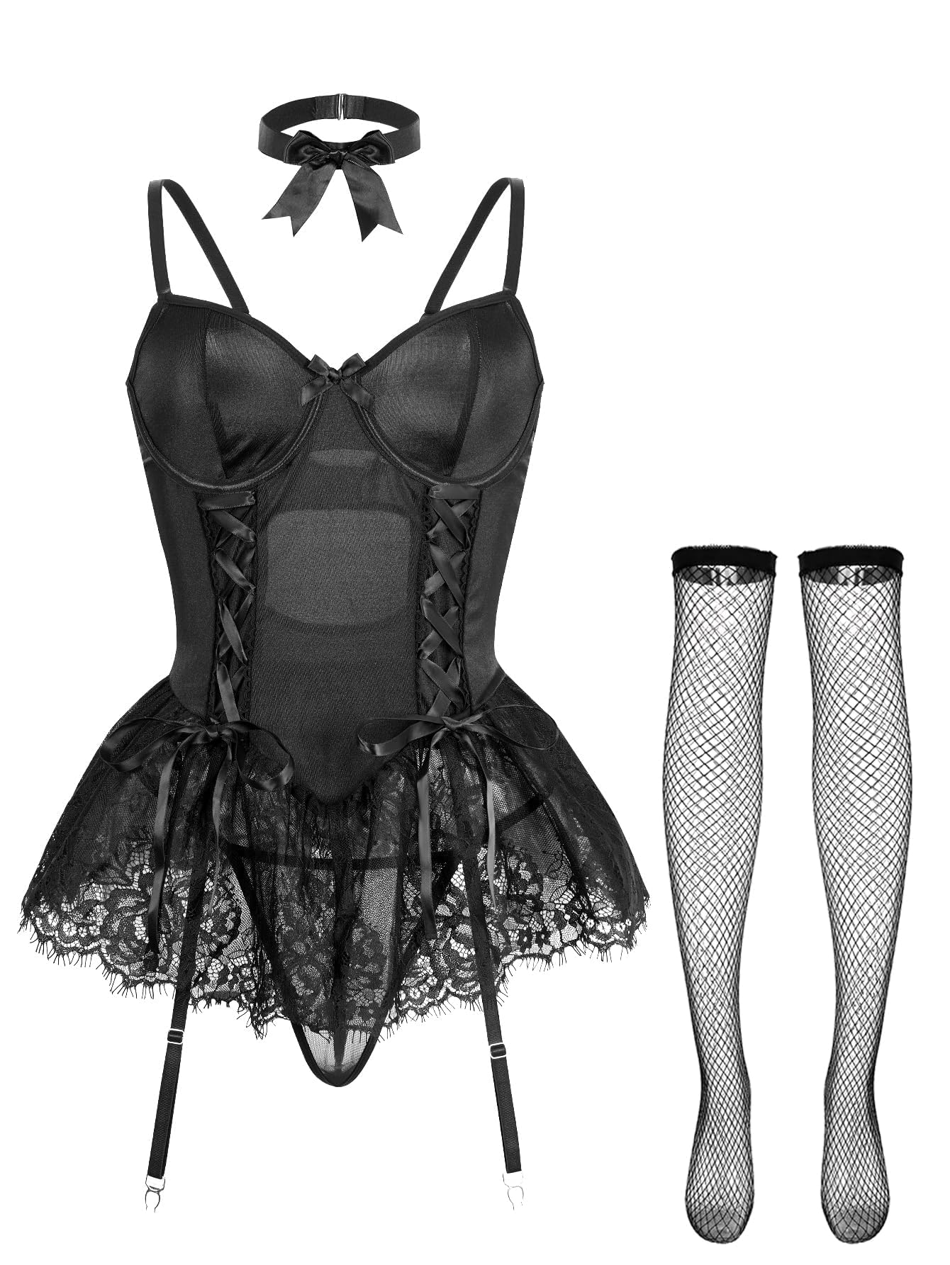Sexy outfit Seksowny gorset typu choker z fiszbinami, koronkowa przezroczysta podwiązka pończochy komplet bielizny Babydoll ze stringami 4-częściowe stroje