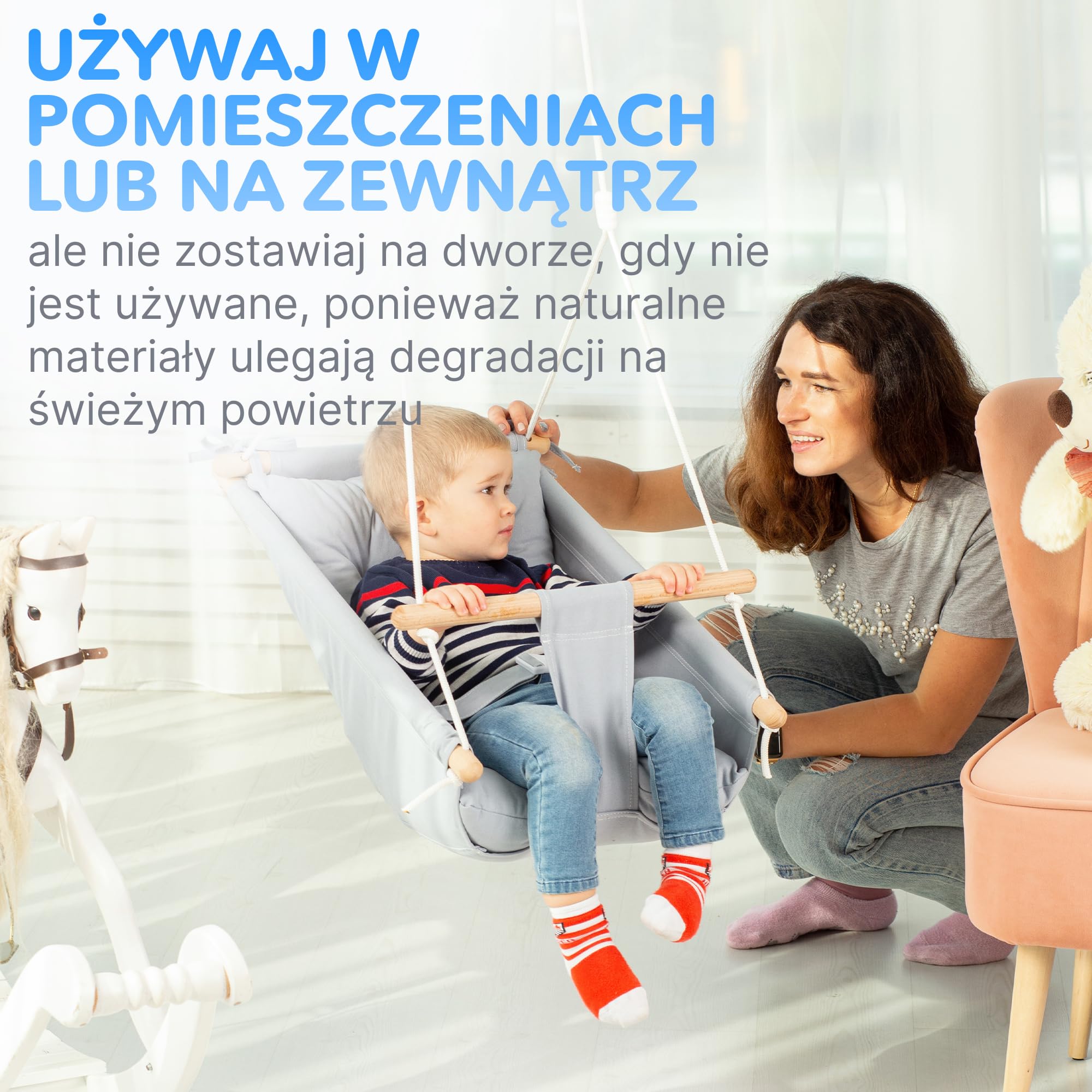 CaTeam Płócienna huśtawka dla malucha – wiszące krzesło do użytku wewnątrz i na zewnątrz do patio i pokoju zabaw z pasem bezpieczeństwa – drewniane siedzisko dla niemowląt dla dzieci w wieku od 12