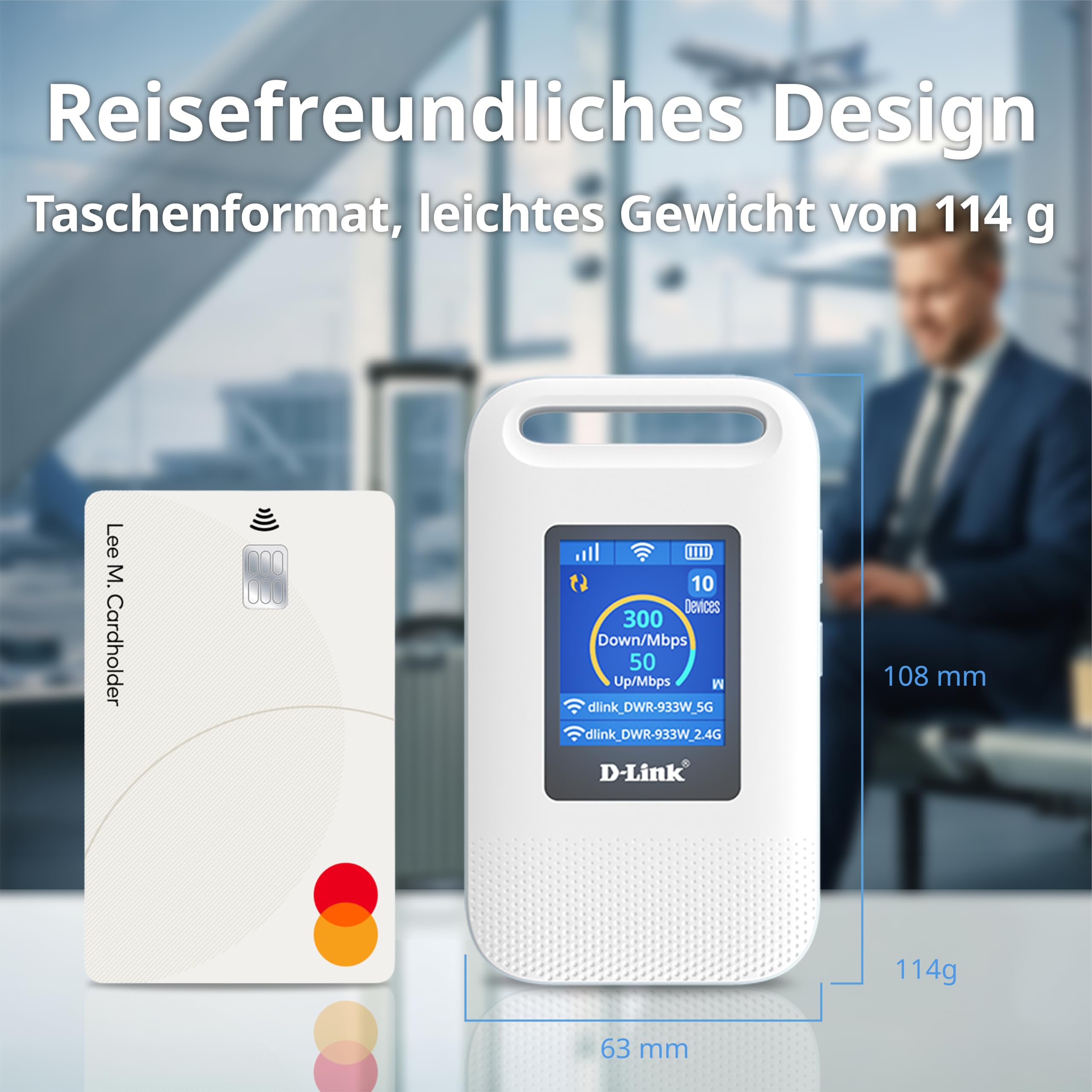 D-Link DWR-933W 4G LTE+ AX600 Wi-Fi 6 Mobiler Hotspot, Tragbarer SIM-Router mit LCD-Display, Dualband WLAN, Verbindung für bis zu 64 Geräte, 3000-mAh-Akku, USB-C