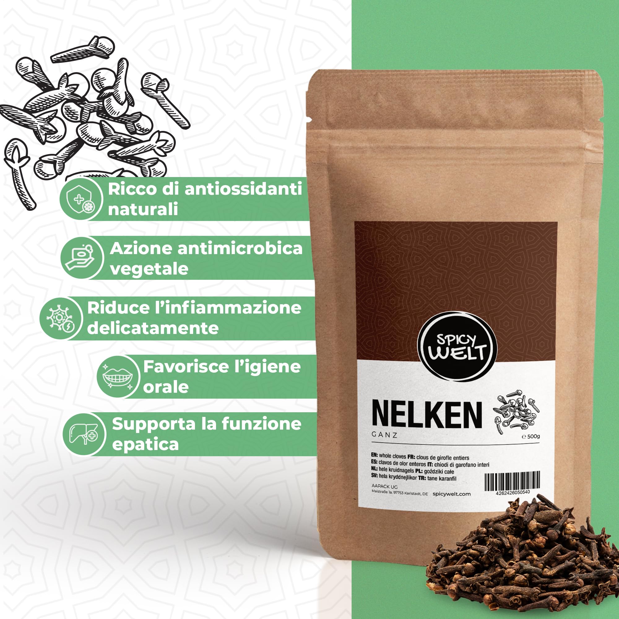 Spicy Welt Chiodi di Garofano Interi (500g) – Garofano in Gemma per Brodi, Tisane, Dolci e Conserve | Sapore Intenso e Balsamico | 100% Naturale, Senza Additivi