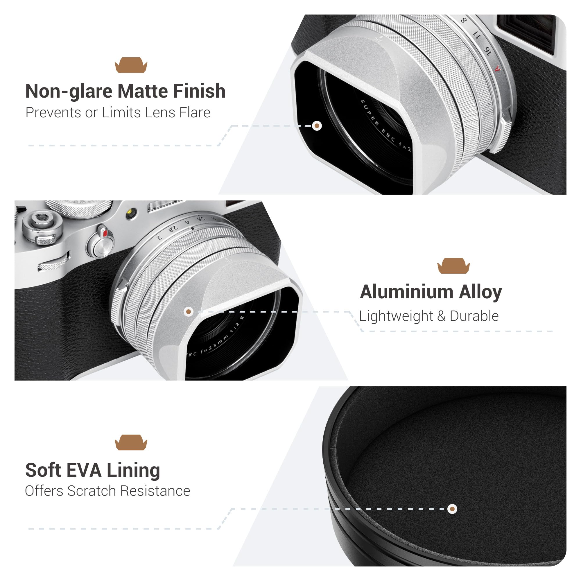 JJC Paresoleil d'objectif carré classique en métal avec bague d'adaptation 49 mm + capuchon pour appareil photo Fujifilm X100VI Fuji X100V Fuji X100F – Support de filtre 49 mm – Argent
