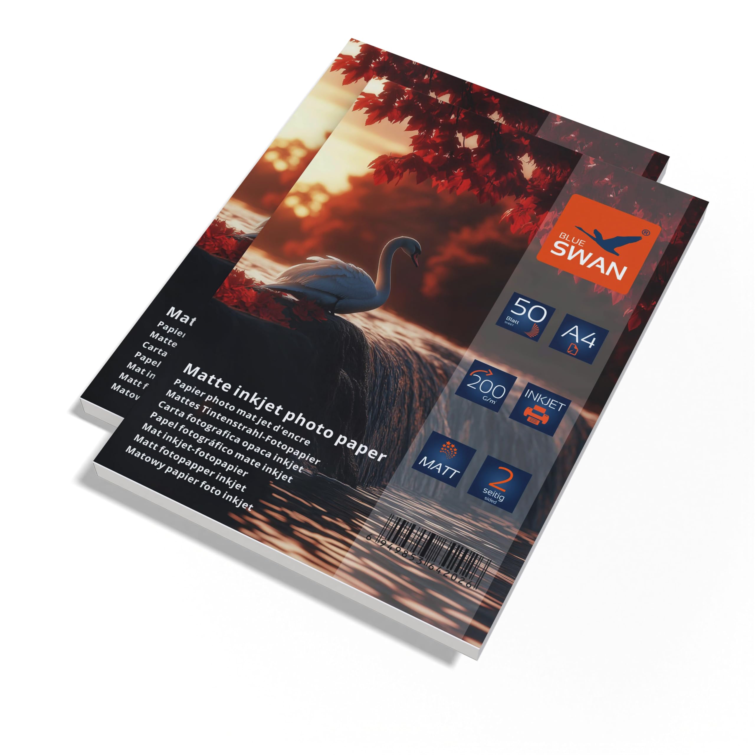 BLUE SWAN Carta Fotografica Opaca A4, 200 g/m², 100 Fogli (2×50) – Rivestimento Opaco Fronte/Retro, Alta Luminosità dei Colori, Bassa Riflettività, Asciugatura Rapida, Compatibile con Stampanti Inkjet