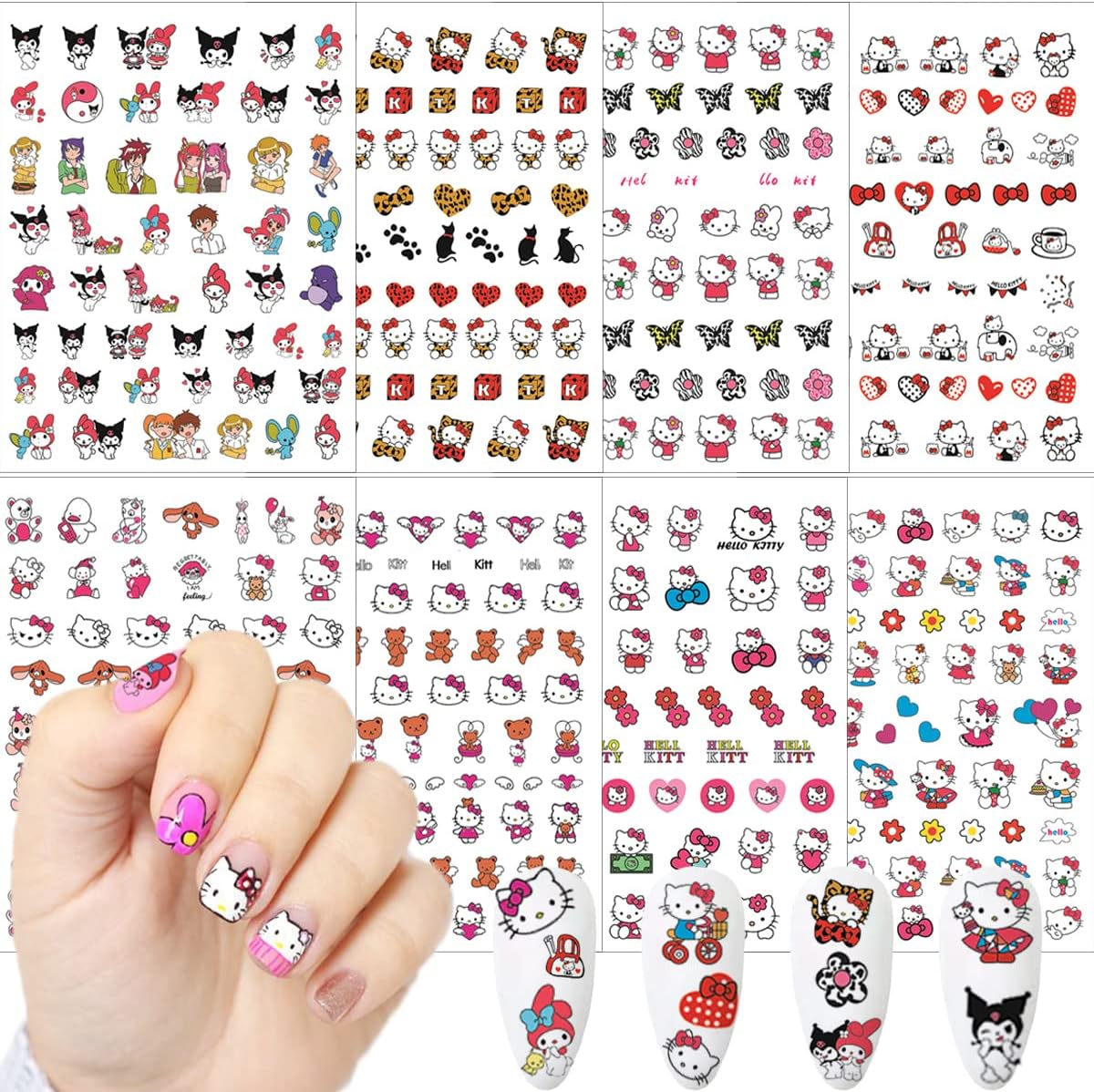 Hello Kitty Nail Art Stickers 8 Sheets Kawaii Cartoon Nail