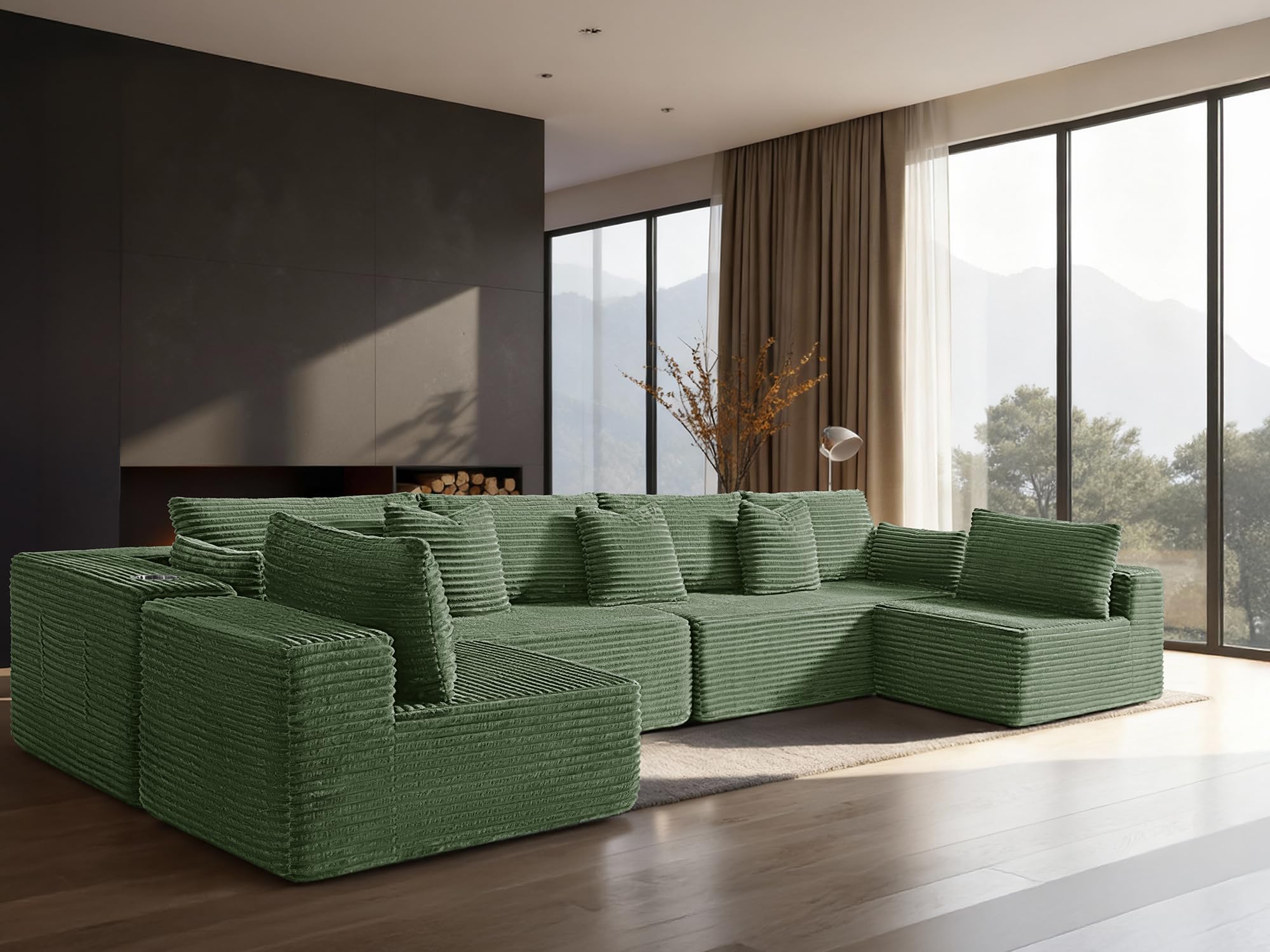 138" Cloud Sectional Couch, Comfort U Shaped Sofa for Living Room, Extra Deep Seats No Assembly, Minimalist Modular Couch, Corduroy (Olive Green, 6 Seats,U-Shape B)
