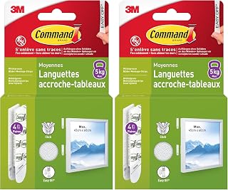 Command Languettes Accroches Tableaux Moyen Modèle, 8 x 2 Languettes, 5,4 kg, Blanc - Fixation sans Dommage (Lot de 2)