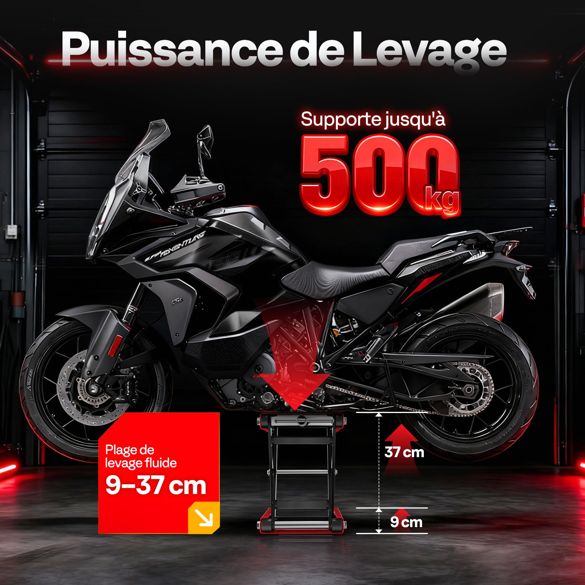 VIVOHOME Élévateur de Moto à Ciseaux en Acier avec Large Plateforme et Manivelle, Support Central Capacité 500kg pour ATV Motos Tout Terrain Garage Réparation Rouge