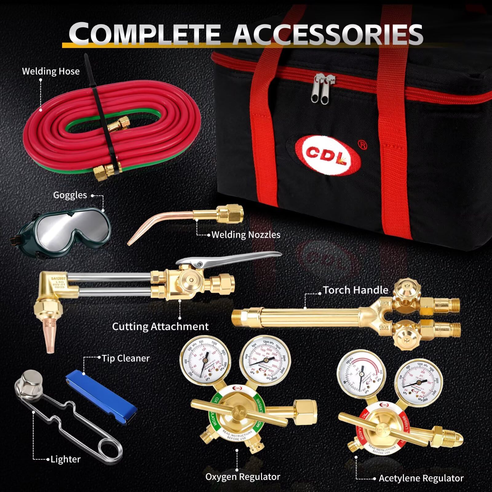 CDL Kit de antorcha de oxiacetileno con válvulas de retención, servicio medio, kit de soplete de corte de soldadura de gas con manguera, medidores reguladores, punta de corte, punta de soldadura