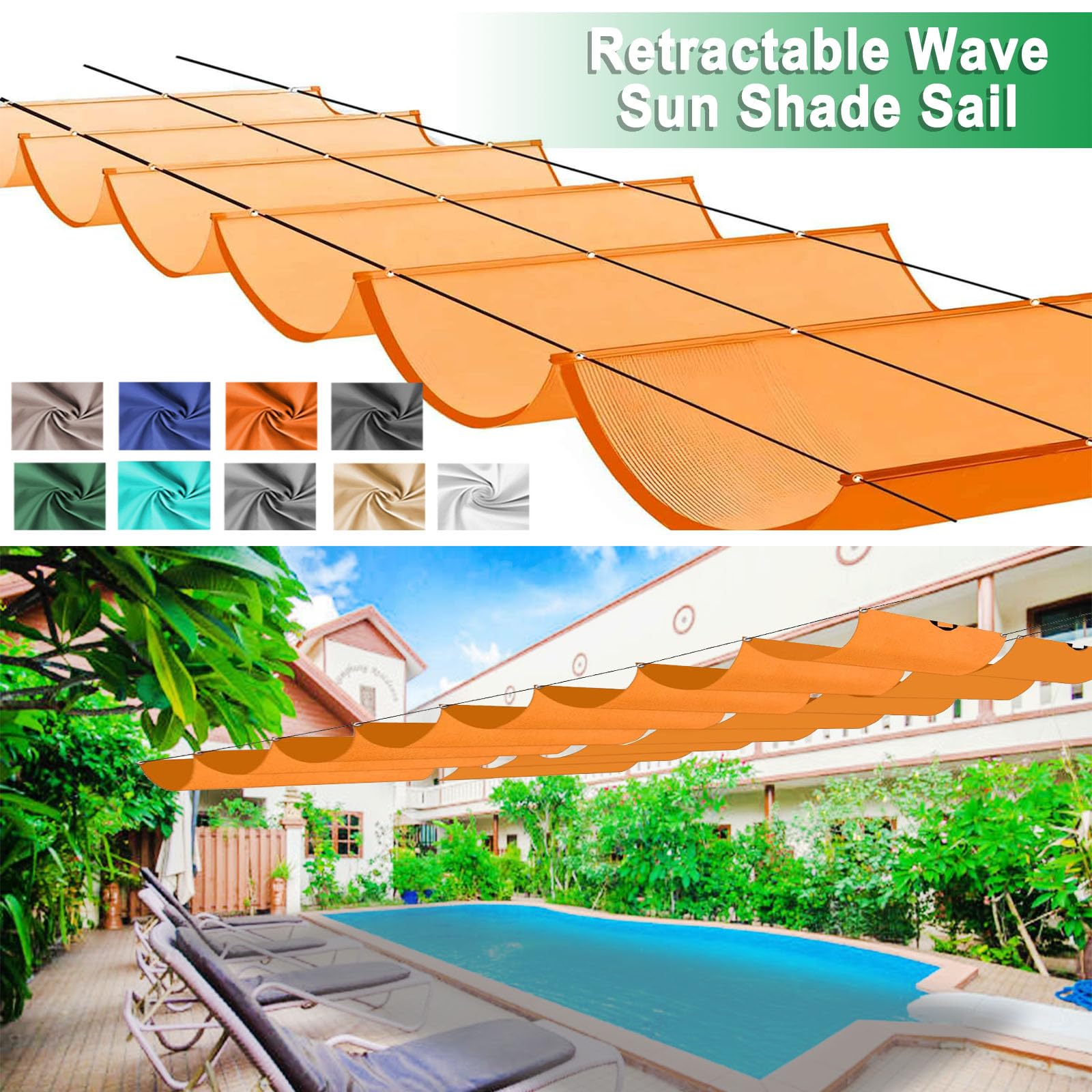 Einziehbares Welle Sonnensegel, Pergola Markise Verstellbar Schattenabdeckung mit Ösen und Kordel, UV-Schutz Wasserdicht Markise für Garten Pergola Balkon Terrasse-Orange||100x850cm