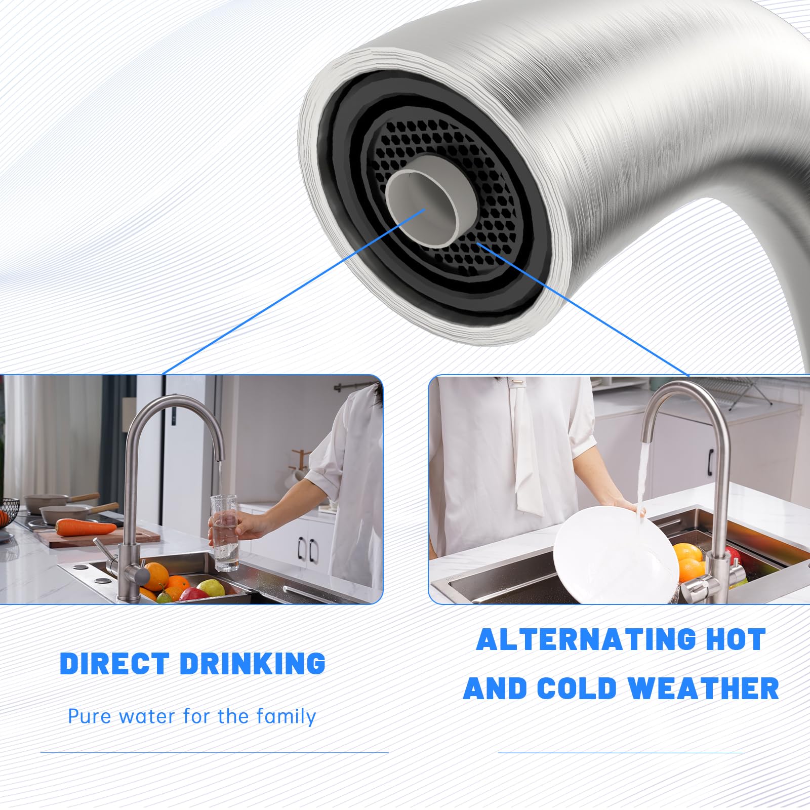 DAYONE Rubinetto da cucina a 3 vie, girevole a 360°, in acciaio inox, miscelatore da cucina per filtro dell'acqua, rubinetto potabile con 2 leve, rubinetto ad alta pressione 3 in 1, nichel spazzolato