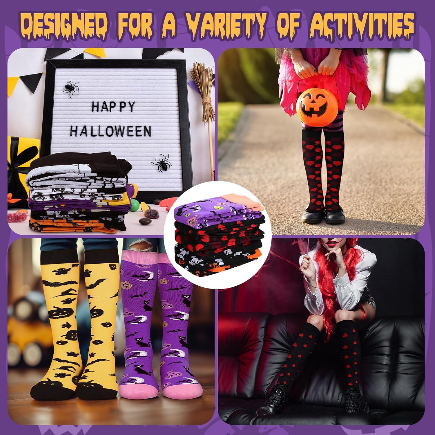 Coume 10 Pairs Halloween High Socks Thigh Long Stockings, Women over Knee Leg Warmer Holiday Socks for Costume Cosplay Party, Multicolor
