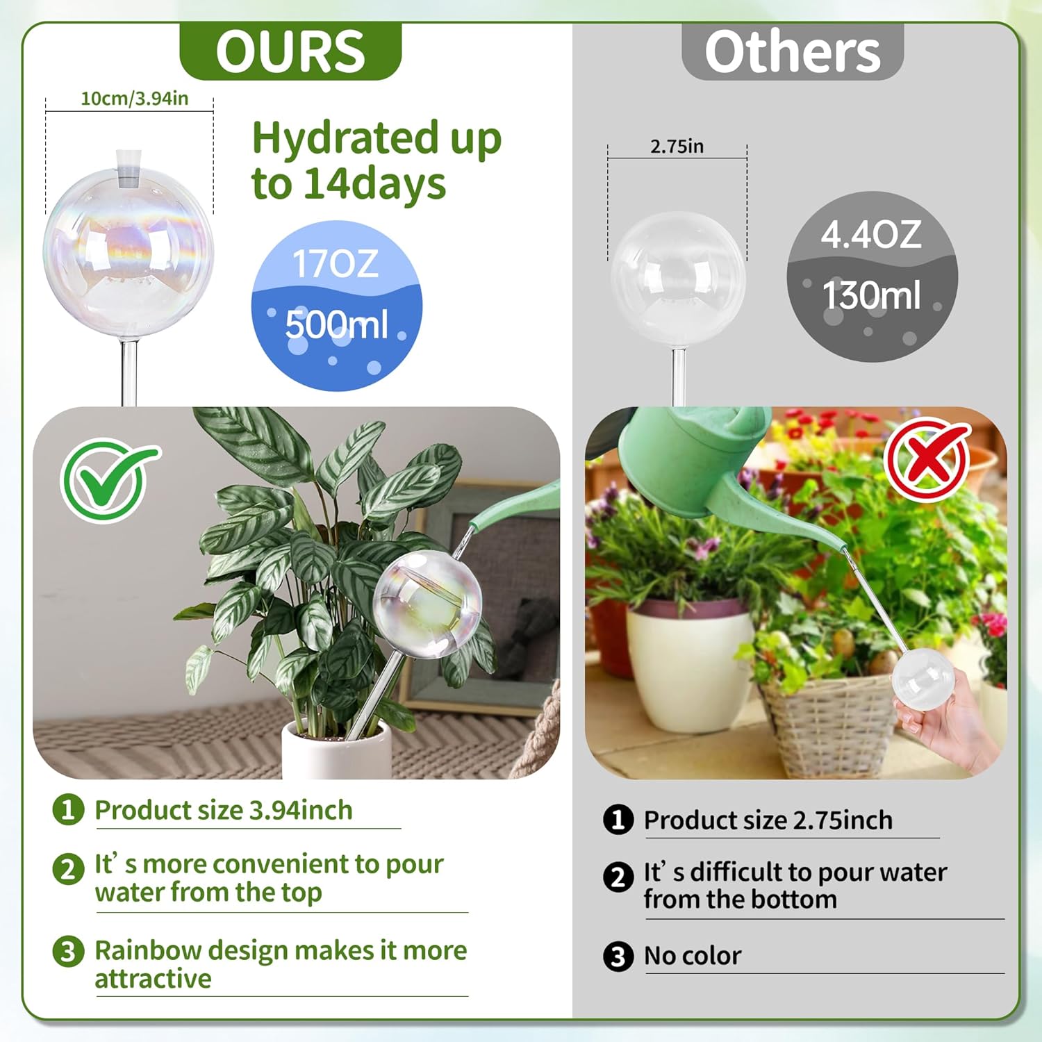 17 oz Up 2 Weeks Extra Large Plant Watering Globes, Self Watering Planter Insert, Iridescent Glass Self Watering Globes, Vacation Plant Watering Devices, Automatic Watering Bulbs (Large 4-Pack)