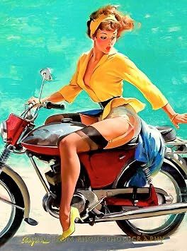 Risque Photography Beautiful Woman on Motorcycle 8.5x11 Photo Print Gil Elvgren Pinup Lost Skirt