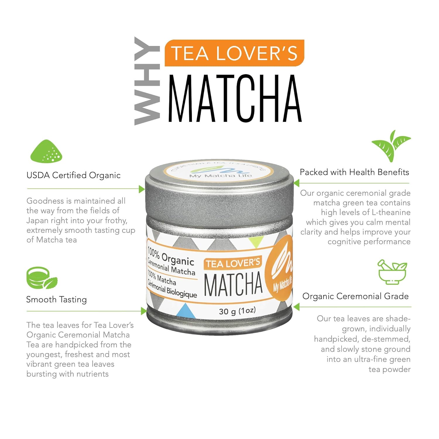 Tea Lover’s Organic Ceremonial Matcha Green Tea Powder: Pure Japanese Matcha, Smooth Taste, Tested for Lead and Heavy Metals, 30 Servings Per Tin, Vegan, Gluten Free, Keto - My Matcha Life®