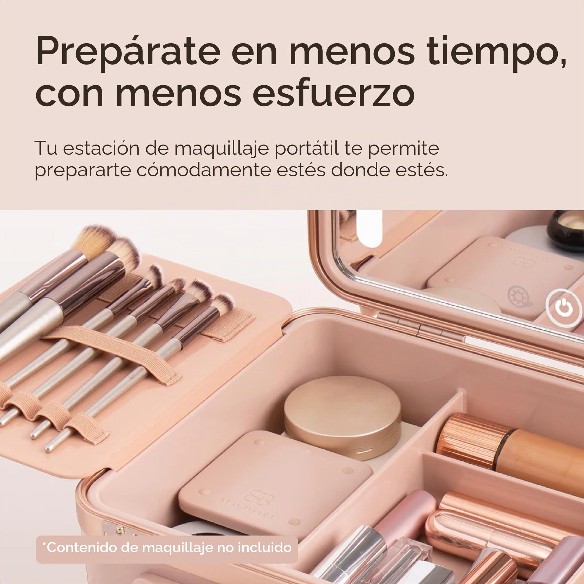 Beautifect Box Nude - Bolsa de maquillaje grande con espejo con luz LED - Neceser metálico acolchado para cosméticos para mujer - Organizador de artículos de tocador y maquillaje con compartimentos y