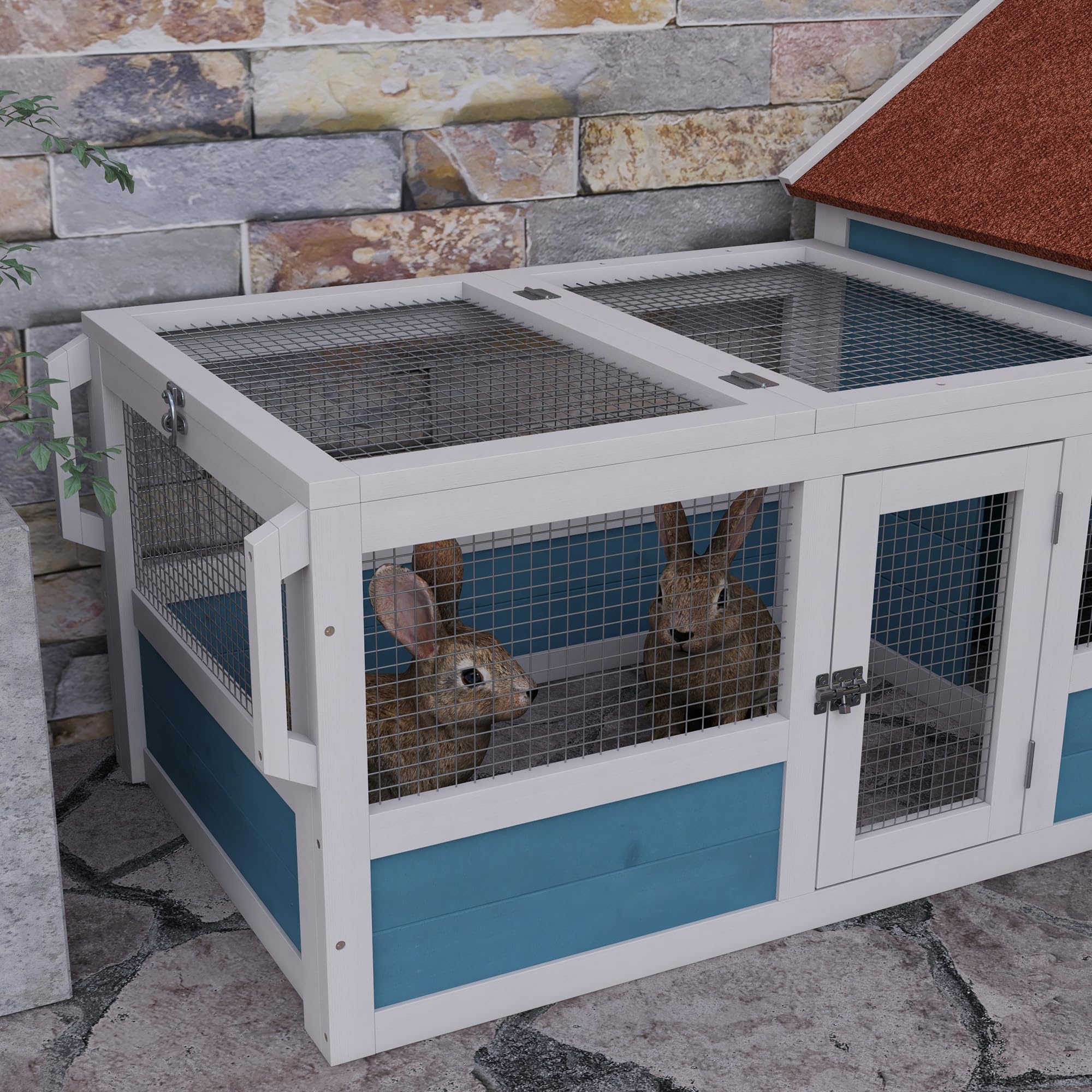 PawHut Conejera Exterior de Madera 162,5x59,2x77,6 cm Jaula para Conejo Casa para Conejos con Ruedas Rampa Ventanas de Decoración Puerta y Techo de Asfalto Azul