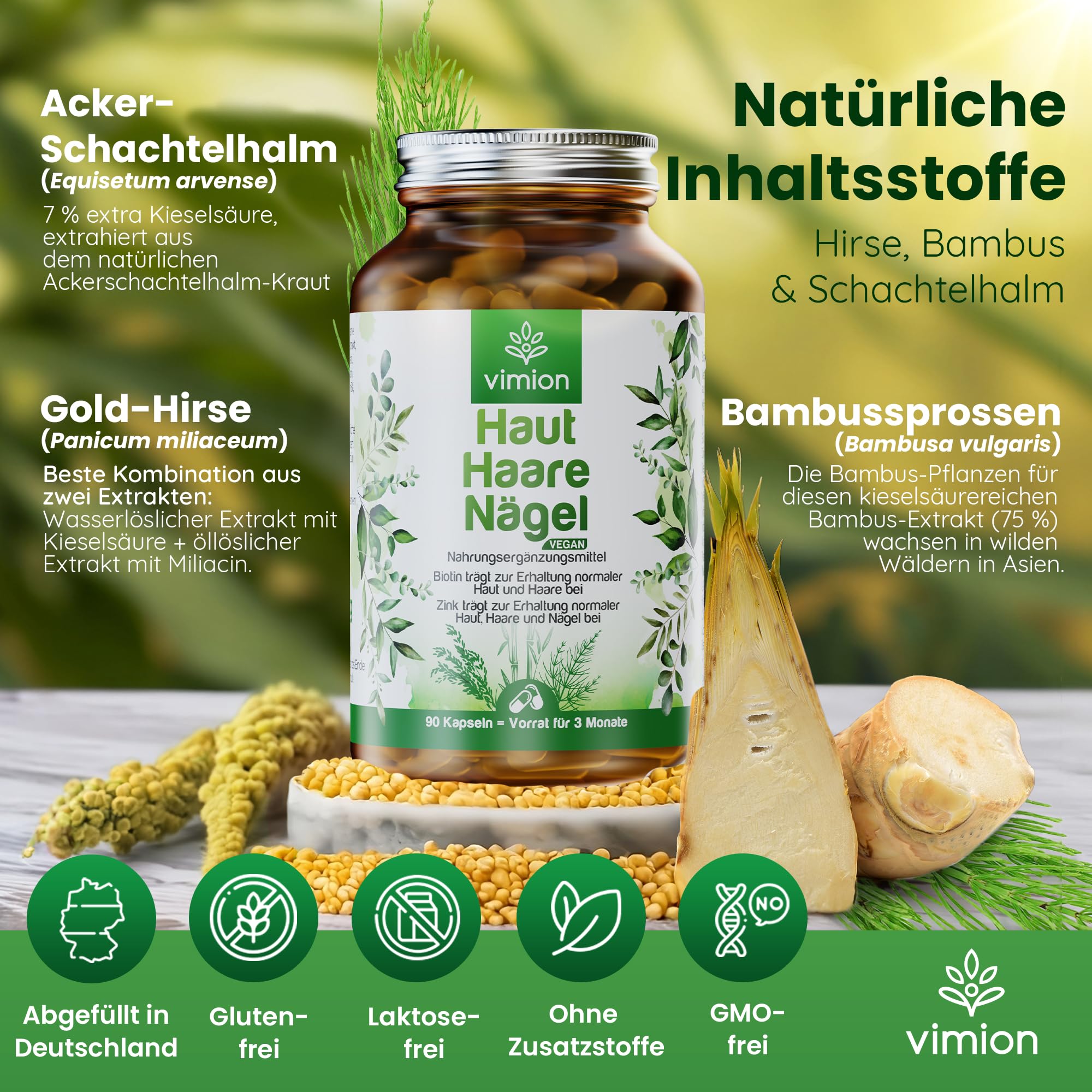 Haut-Haare-Nägel - 90 Kapseln - 100% vegan - mit Biotin, Zink, Selen, B-Vitamin-Komplex, L-Cystein sowie Silizium aus Bambus, Ackerschachtelhalm & Hirse – Vorrat für 90 Tage