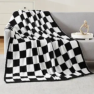 WRENSONGE Checkered Throw Blanket, Black and White Soft Cozy Fluffy Warm Hand Made Throw Blankets for Couch, Sofa, Chair, Bed, Camping, Picnic, Travel Lightweight Bed Blanket - 60"*80"
