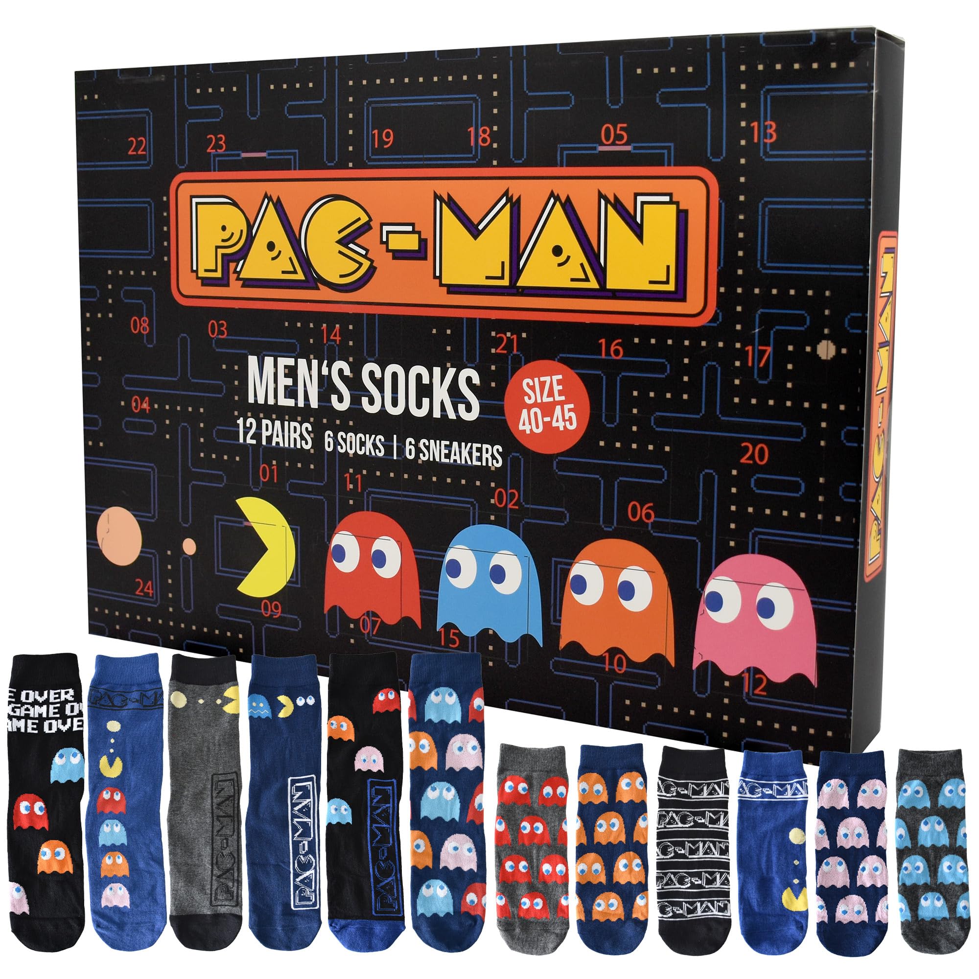 Pac-Man Calendrier de l'Avent avec 12 paires de chaussettes Taille 40-45 pour homme Calendrier de Noël avec baskets et chaussettes longues