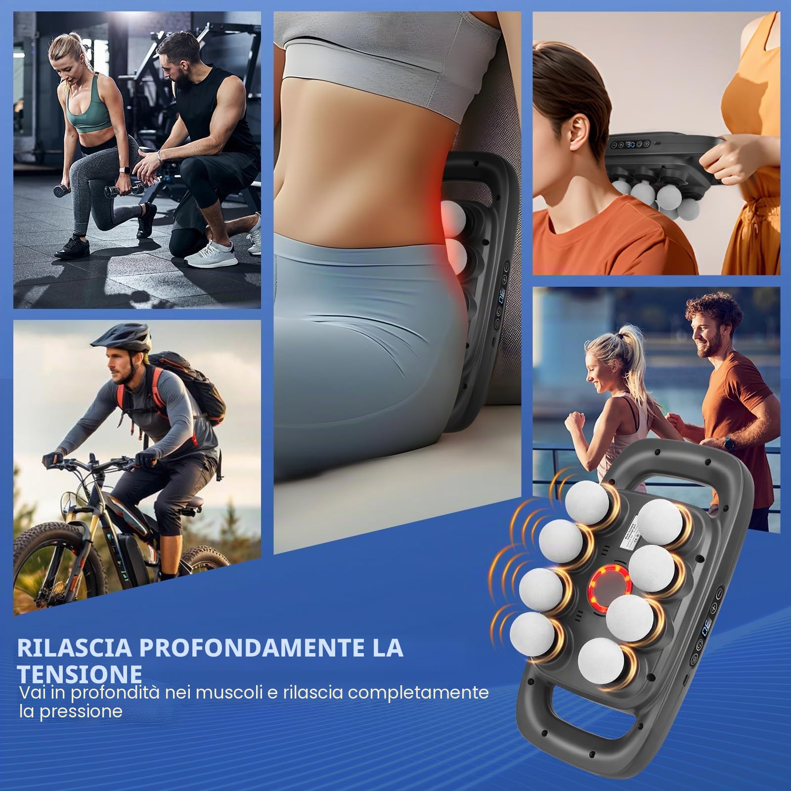 Pistola massaggiante a 8 teste, massaggiatore a 30 velocità regolabili e 3 modalità di massaggio, pistola massaggiante elettrica con luce rossa per schiena, nuca, gambe, cosce, spalle e piedi (2)