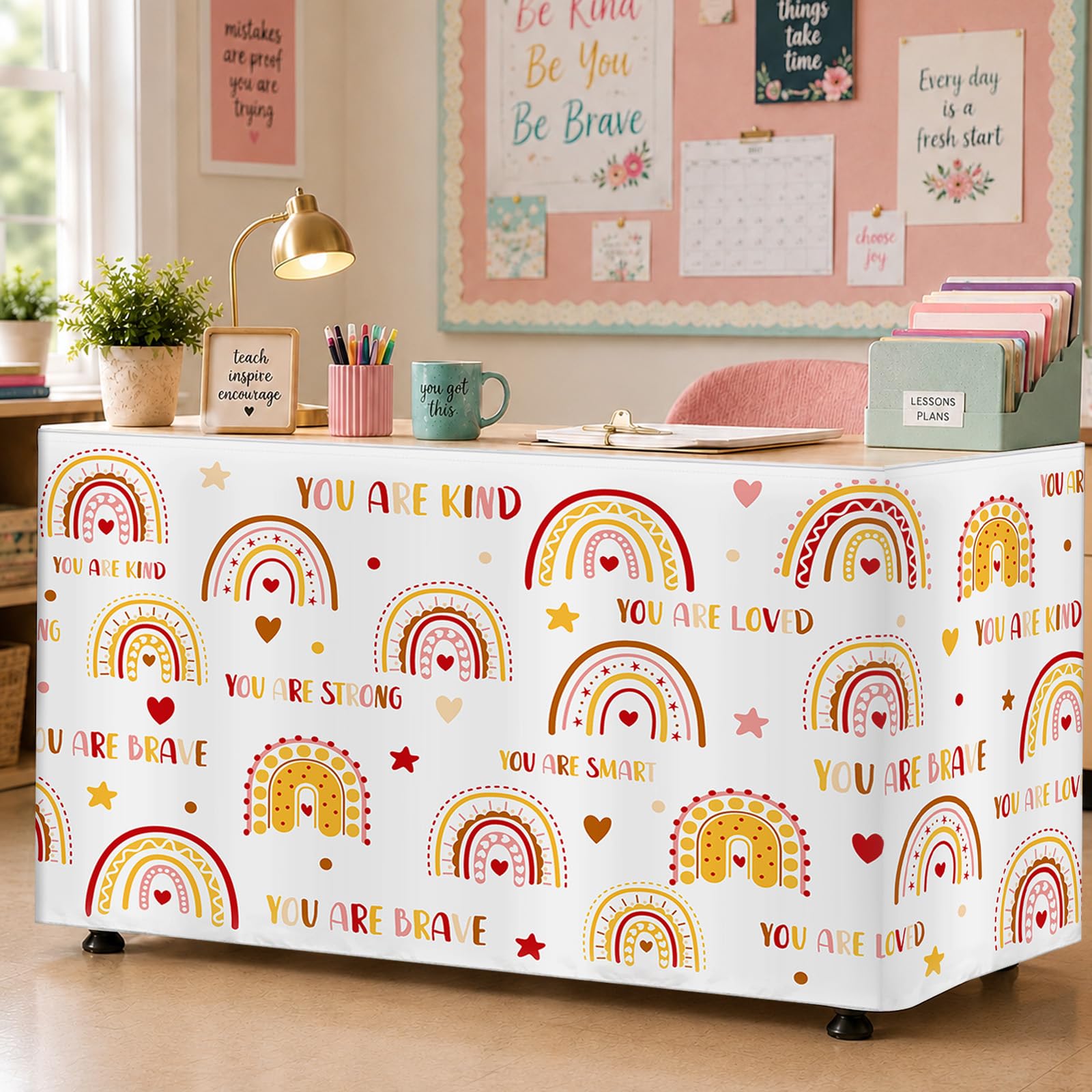 6FT Boho Rainbow Table Skirt Colorful Teacher Desk Skirt Classroom Desk Skirts for Back to School Decor Classroom Table Skirts for Back to School Supplies Office Bookcase Cabinet Decorations