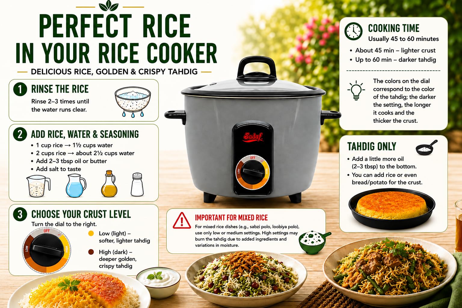 Photo 1 of Sadaf One-Touch Automatic Rice Cooker – Electric Persian Rice & Tahdig Cooker - Non-Stick Inner Pot & Auto Shut-Off - Easy to Use Rice Maker - Middle Eastern Cuisine - 15 Cups