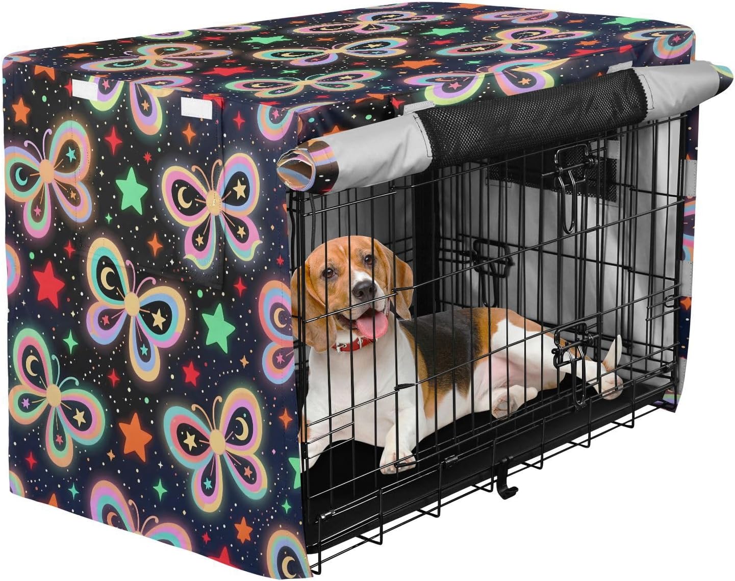 Psychedelic Butterfly Pattern Dog Crate Cover 600D Oxford Pet Kennel Cover with Mesh Window for Dog Cages, Windproof Waterproof Machine Washable, 48"x30"x33"