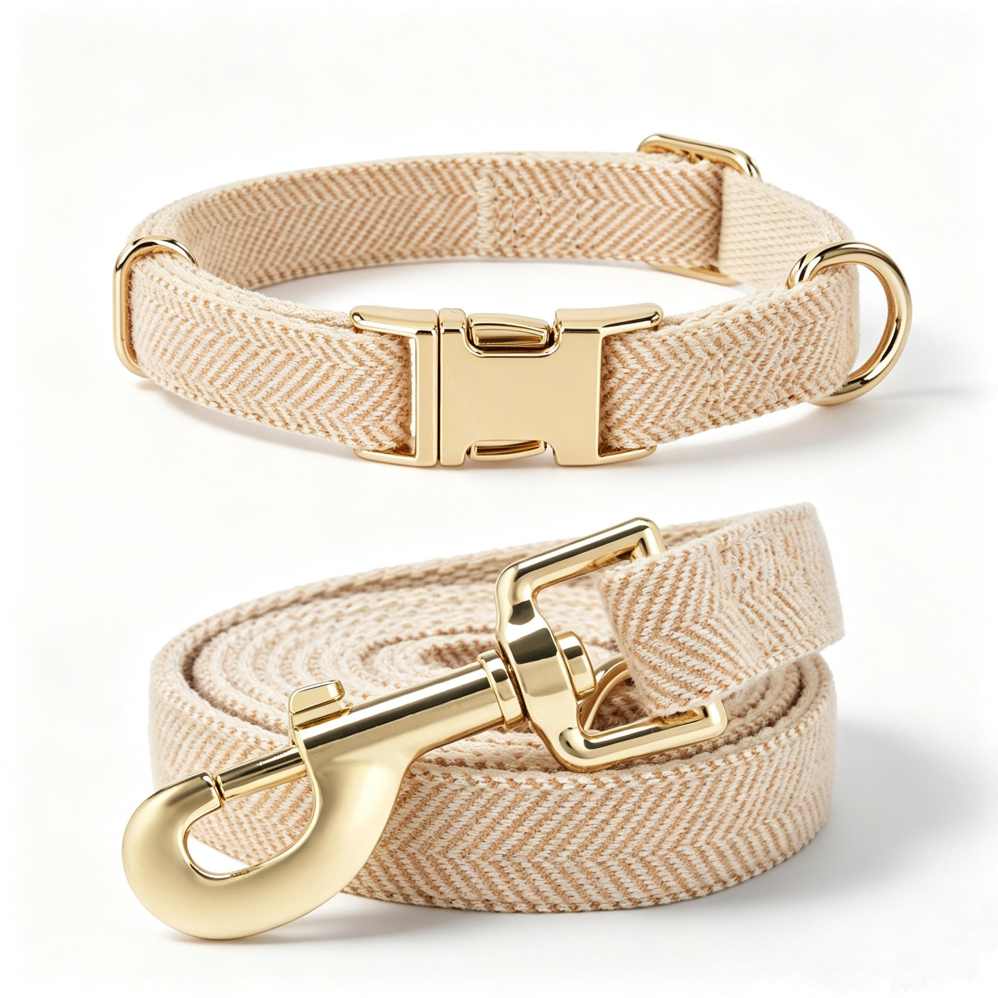 YUDOTE Oatmeal Herringbone Dog Collar & Lead Set Gold Hardware S — image 1