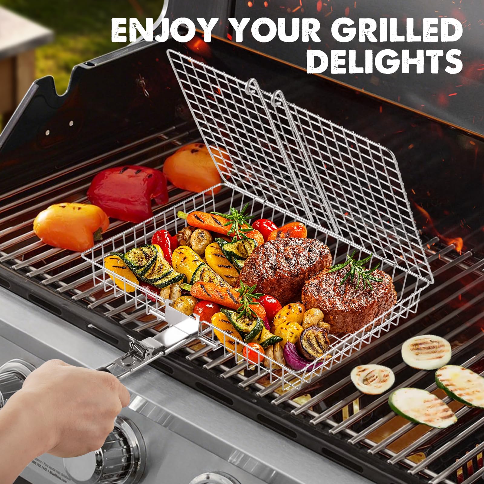 Grillkörbe für Outdoor-Grill, 2 Stück Edelstahl-Grillkörbe | Nesting Fish Grillkorb mit Zwei Gittergrößen, Grillkorb mit Holzgriff für Garnelen, Gemüse, Burger und Steaks