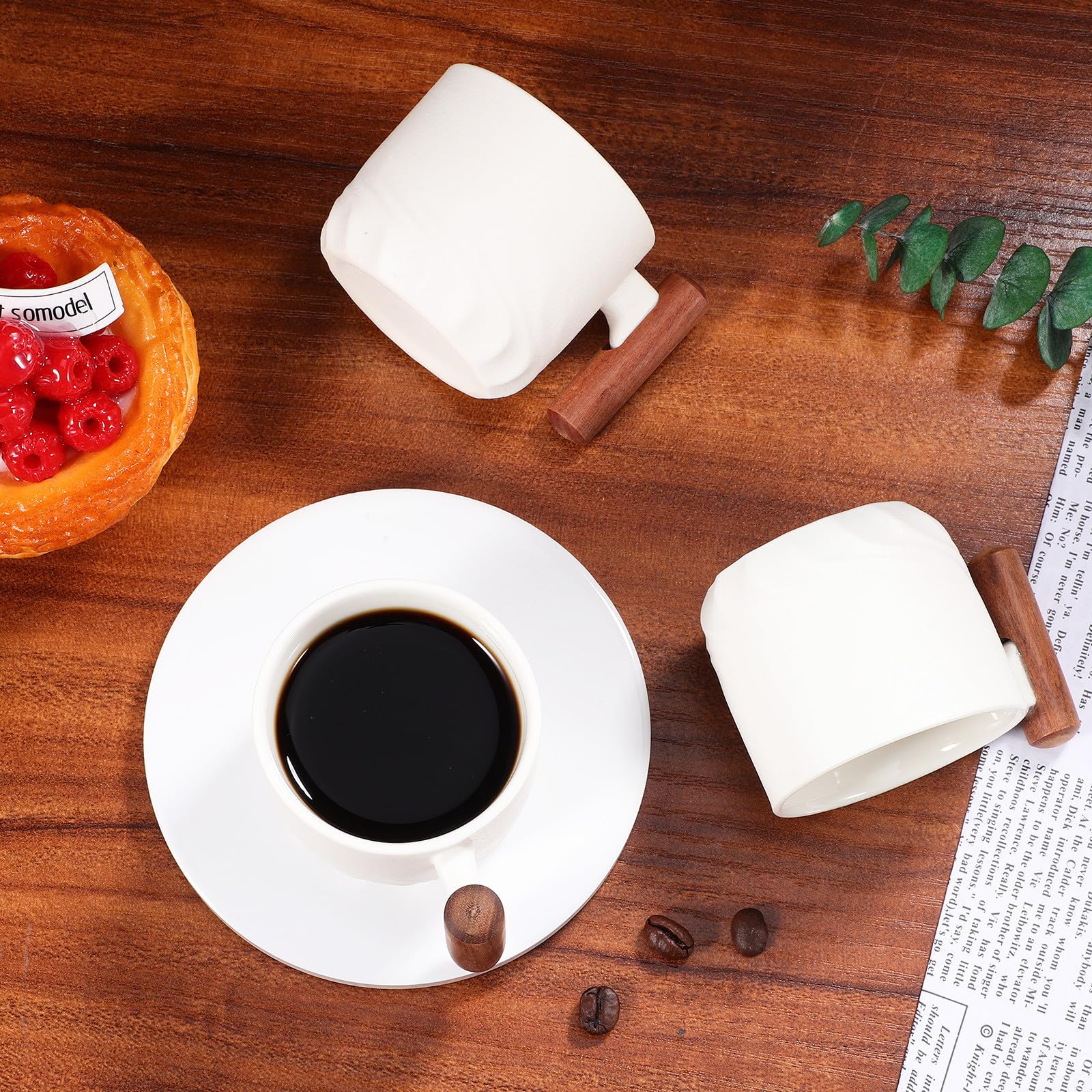 4pièces Tasses Café Porcelaine Mini Expresso Céramique avec Poignée Bois pour Boissons Chaudes et Froides Service Élégant pour Dîner et Bureau