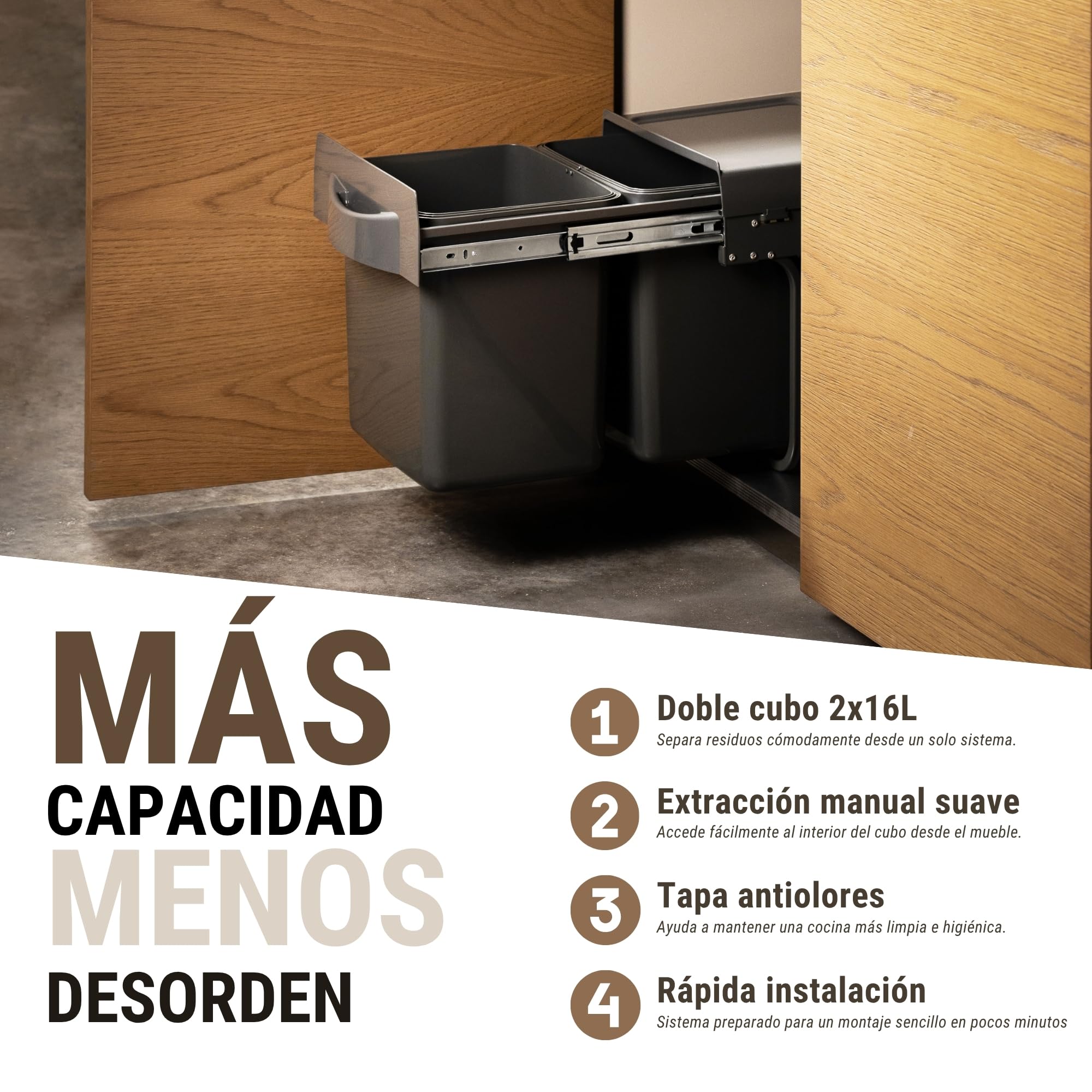 VERDU - Cubos de basura de reciclaje 2x16L Antracita con Sistema de Extracción Total, Fácil Instalación para Modulos de 400mm mínimo, Apertura suave- Cubo Basura Extraible Bajo Fregadero