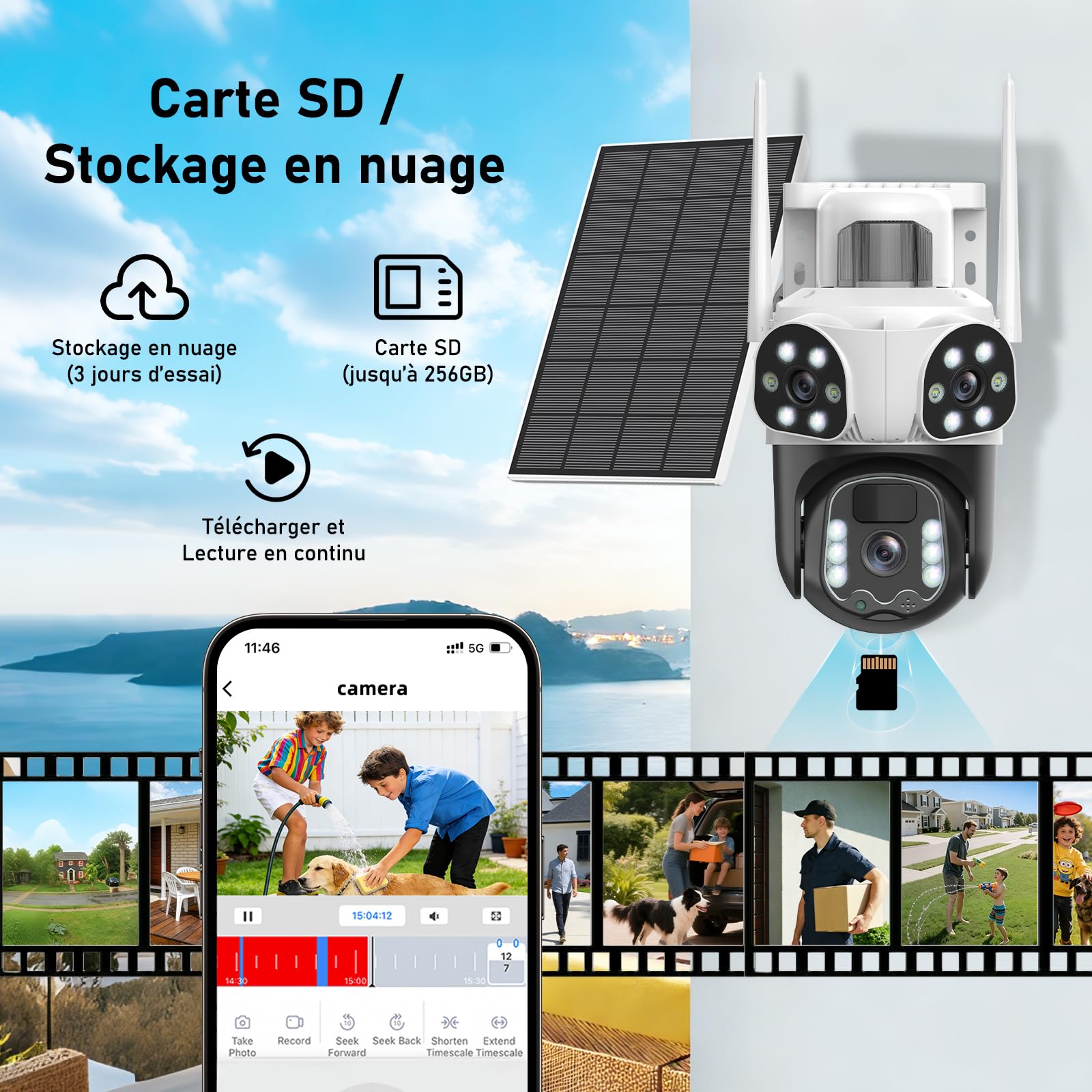 4K Camera Surveillance WiFi Exterieure sans Fil,à triple objectif/Camera Solaire/Batterie,Suivi Automatique,360° PTZ Sécurité à Domicile,Vision Vocturne,Audio Bidirectionnel,PIR Sirène,étanche,8MP HD