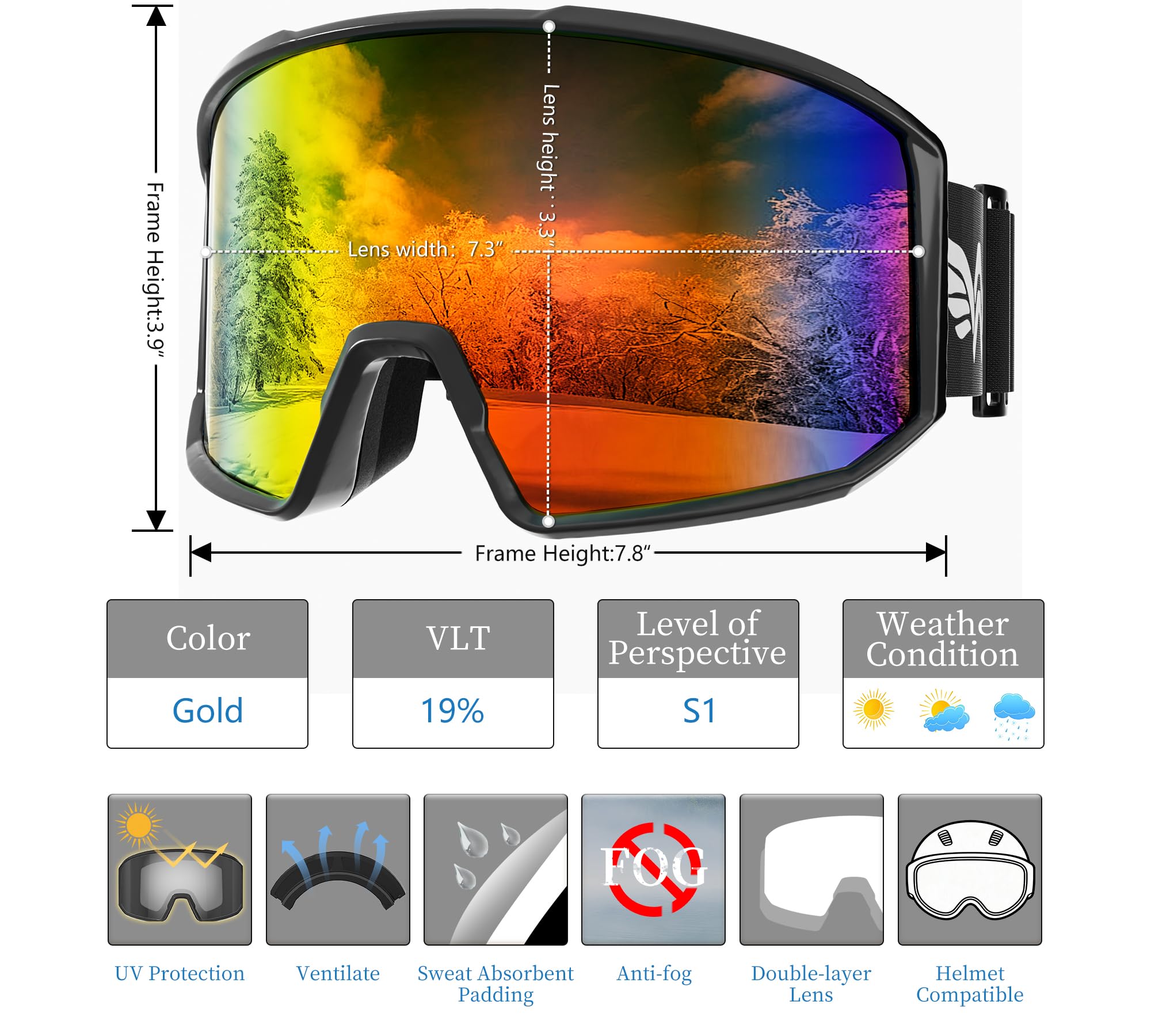 Lunettes de ski et de planche à neige pour hommes, femmes, adultes et jeunes – Protection à 100 % contre les rayons UV/anti-buée/vision large