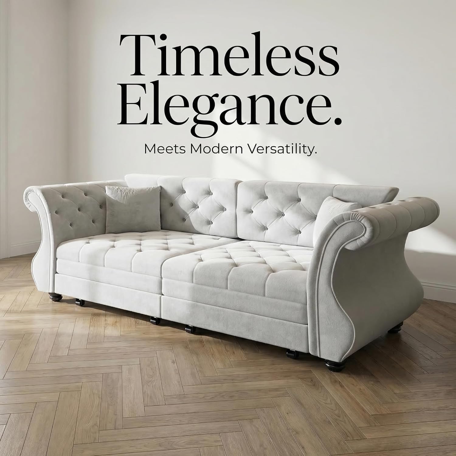 83.8" Queen Size Sleeper sofa bed, 3-in-1 Convertible Oversized Chesterfield Pull Out Couch, Roll Arm Velvet Couch with Flower Tufting, Upholstery for Living Room/Bedroom/Apartment, Light Grey