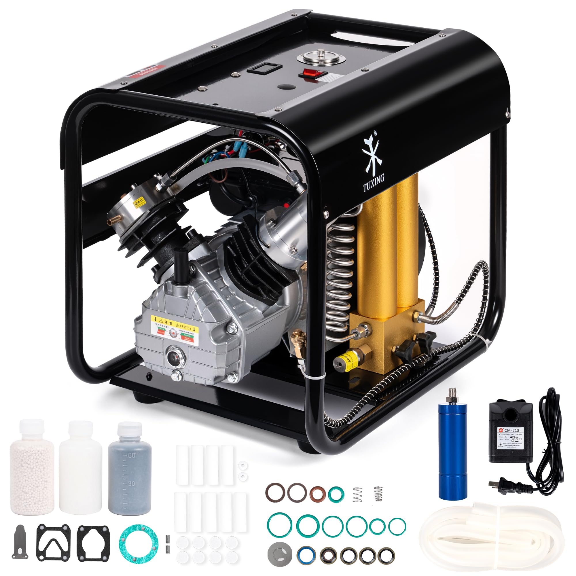 TUXING 4500Psi PCP-Luftkompressor, eingebauter zweistufiger Filter mit Wasser-Öl-Abscheider, Auto-Stopp-Version, zum Laden von Paintball-/Tauchflaschen, 220 V (TXEDM042)
